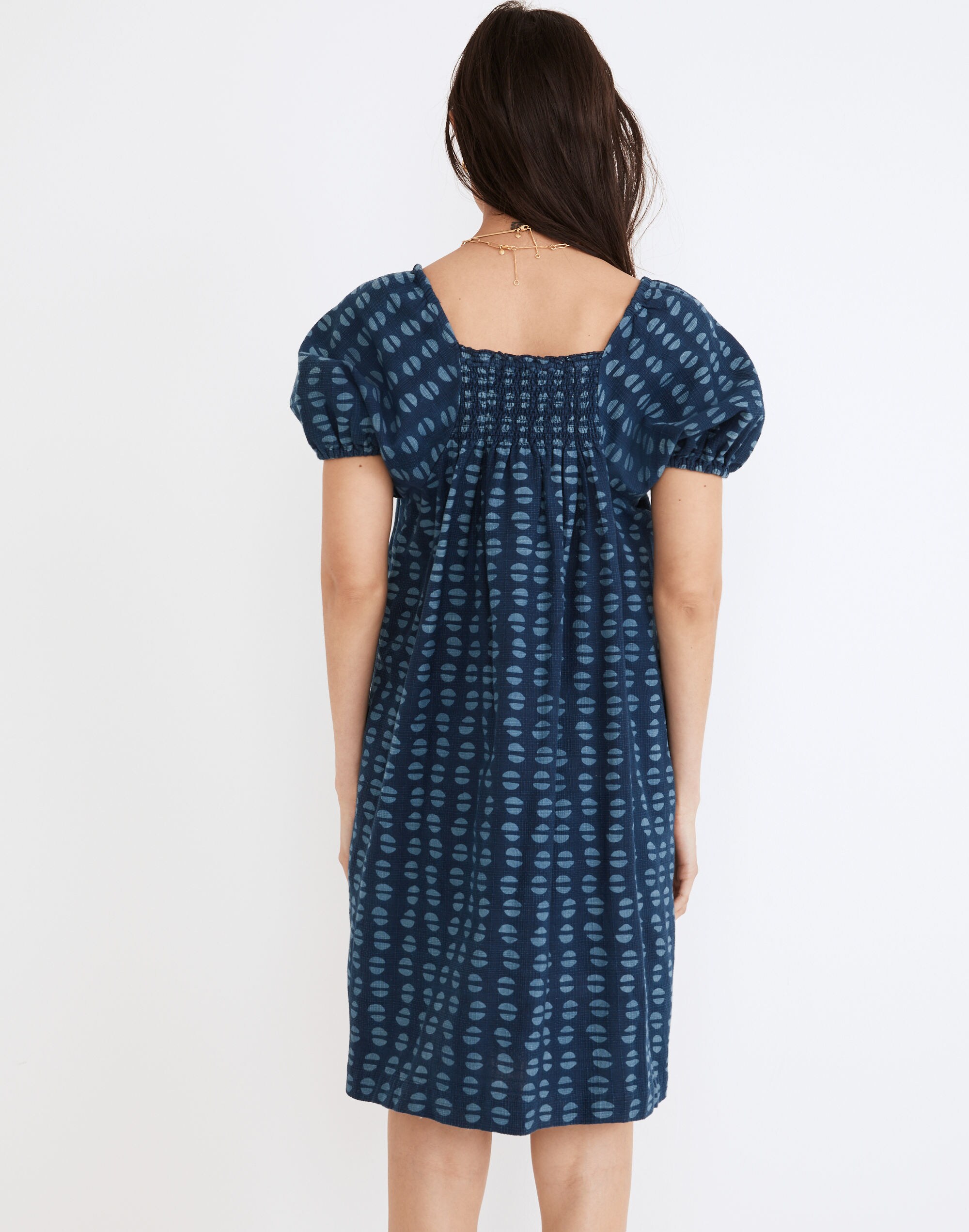 Puff-Sleeve A-Line Mini Dress in Indigo Block Print