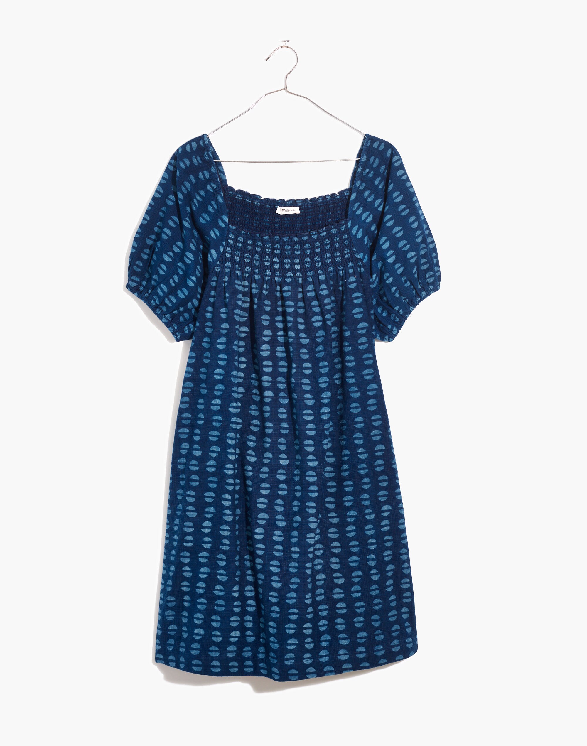 Puff-Sleeve A-Line Mini Dress in Indigo Block Print
