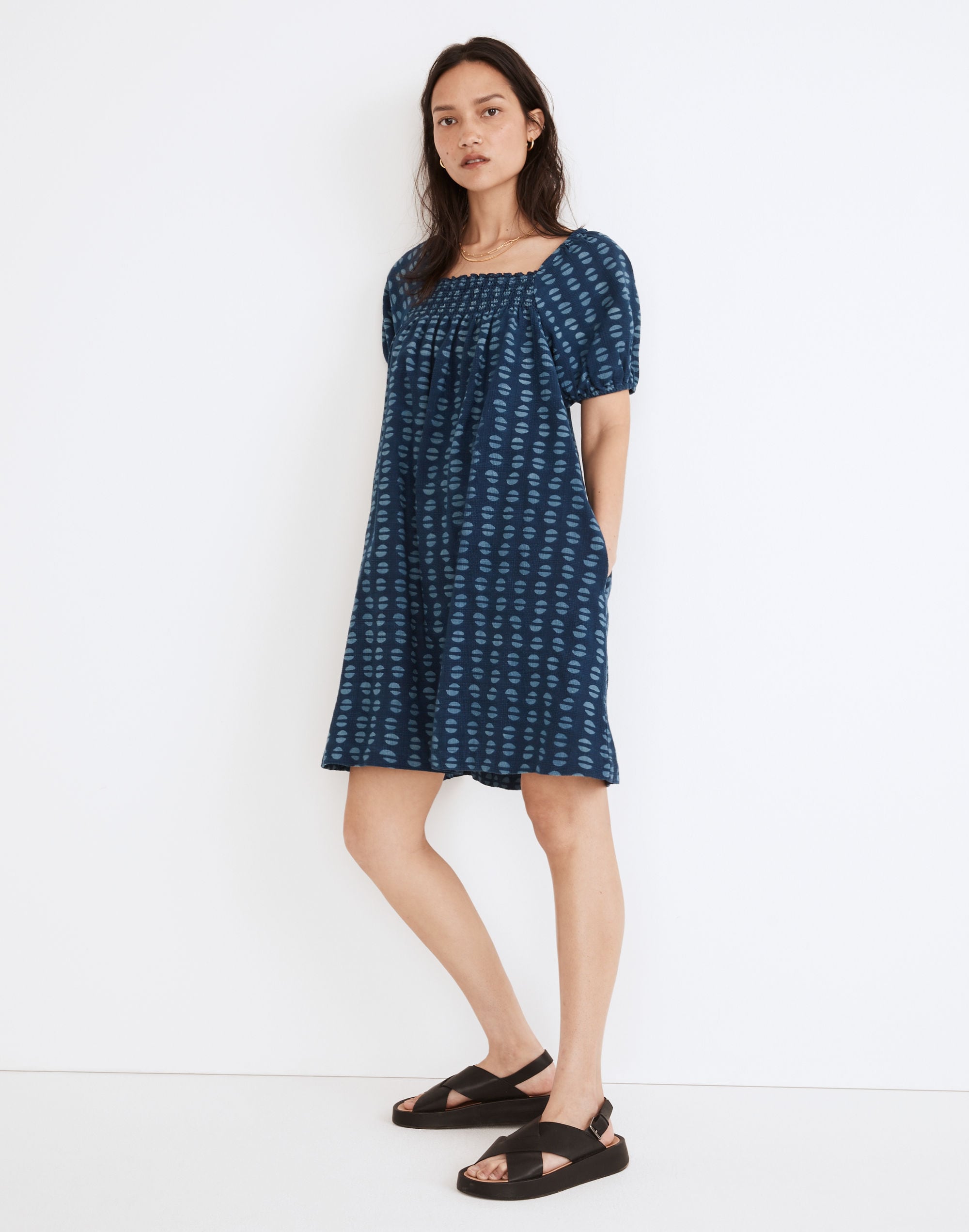 puff-sleeve a-line mini dress in indigo block print