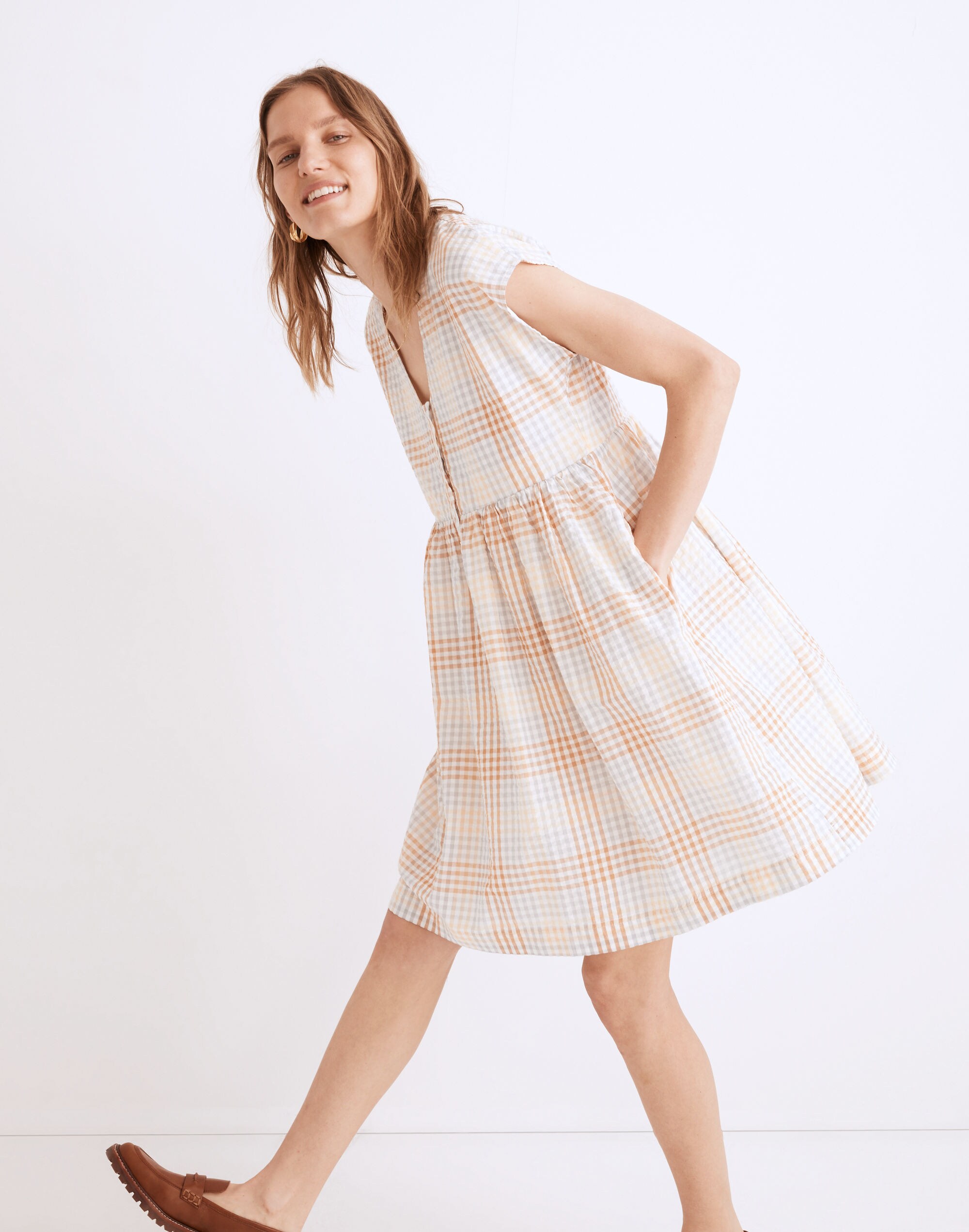 Cap-Sleeve Button-Front Mini Dress in Plaid