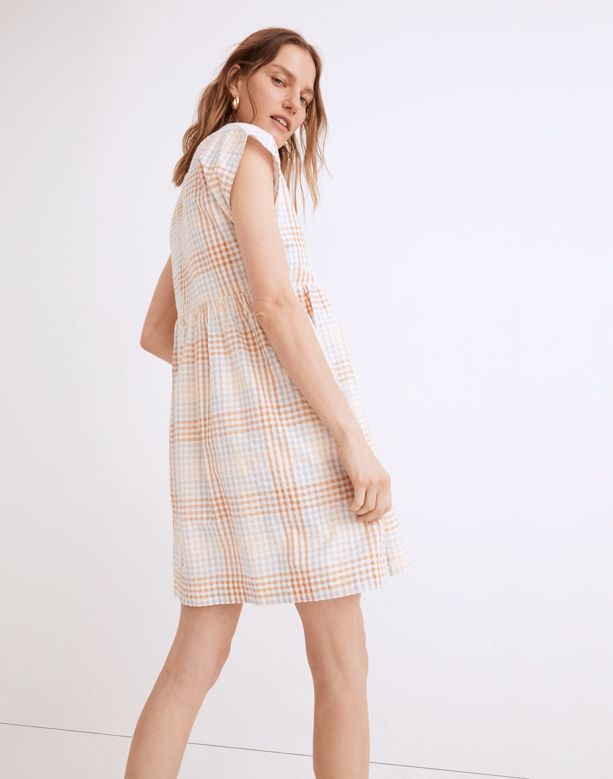 Cap-Sleeve Button-Front Mini Dress in Plaid