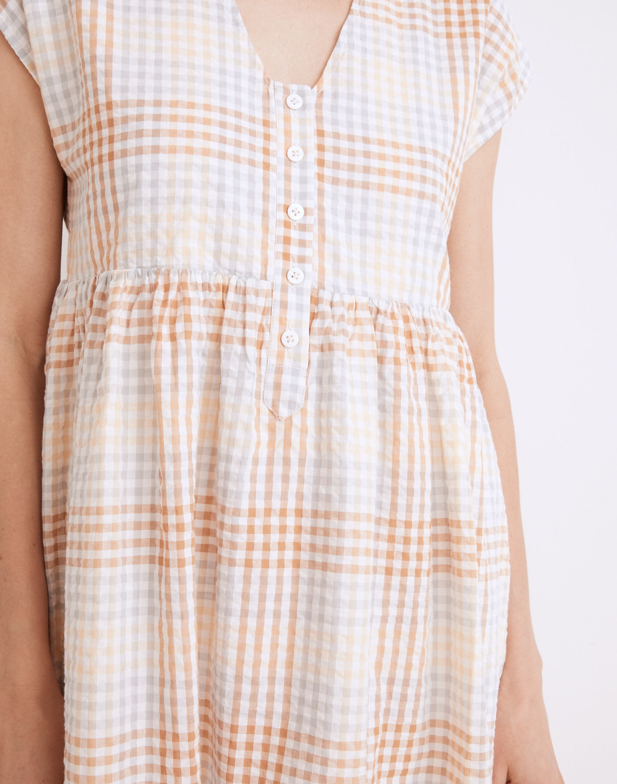 Cap-Sleeve Button-Front Mini Dress in Plaid