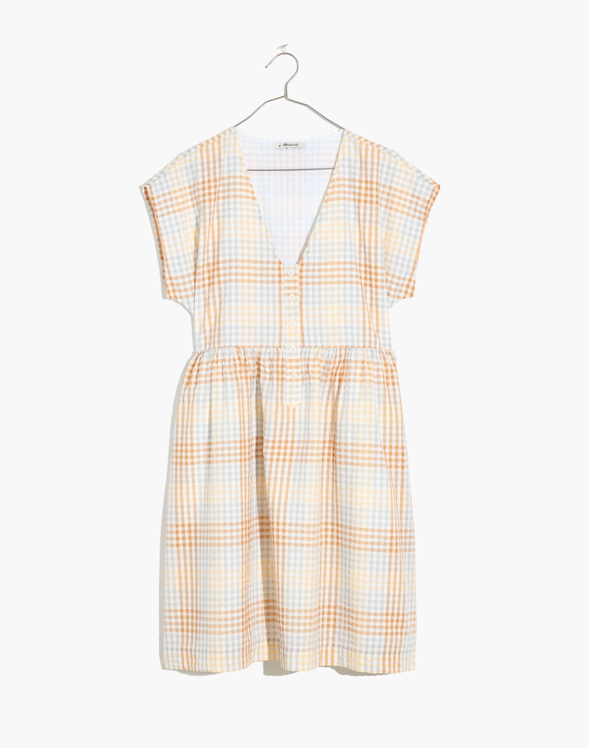 Cap-Sleeve Button-Front Mini Dress in Plaid