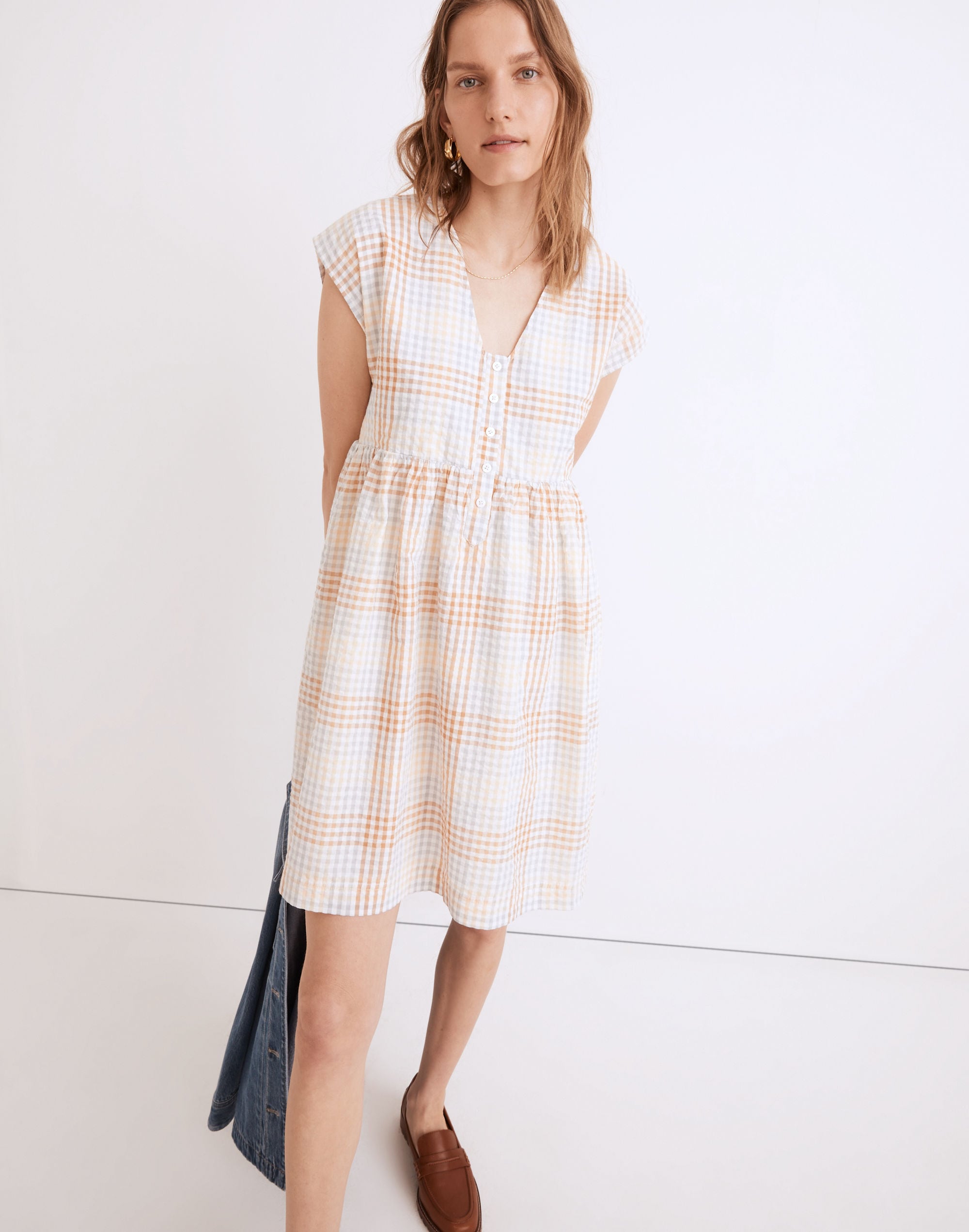 Cap-Sleeve Button-Front Mini Dress in Plaid