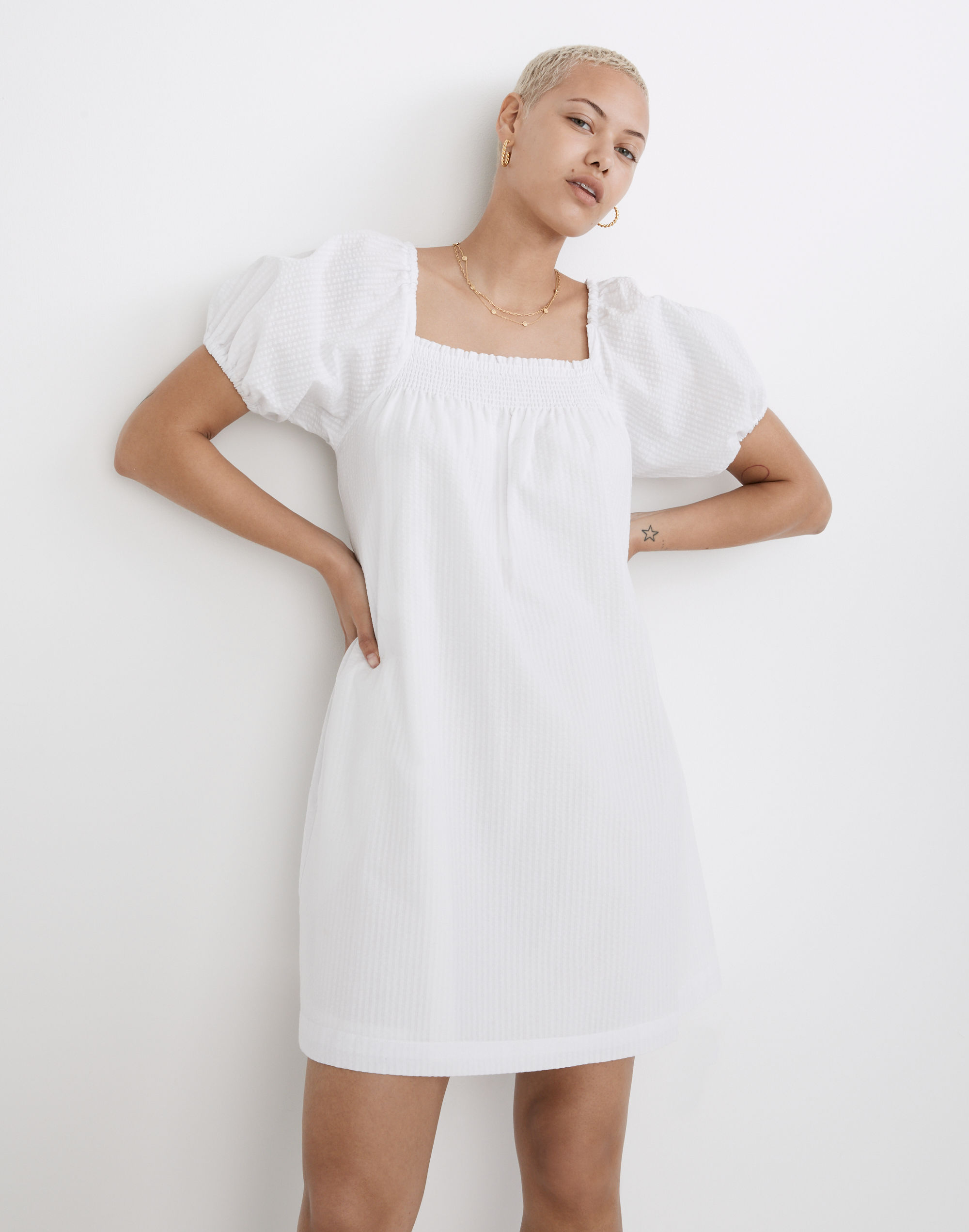 Puff-Sleeve A-Line Mini Dress in Seersucker Stripe