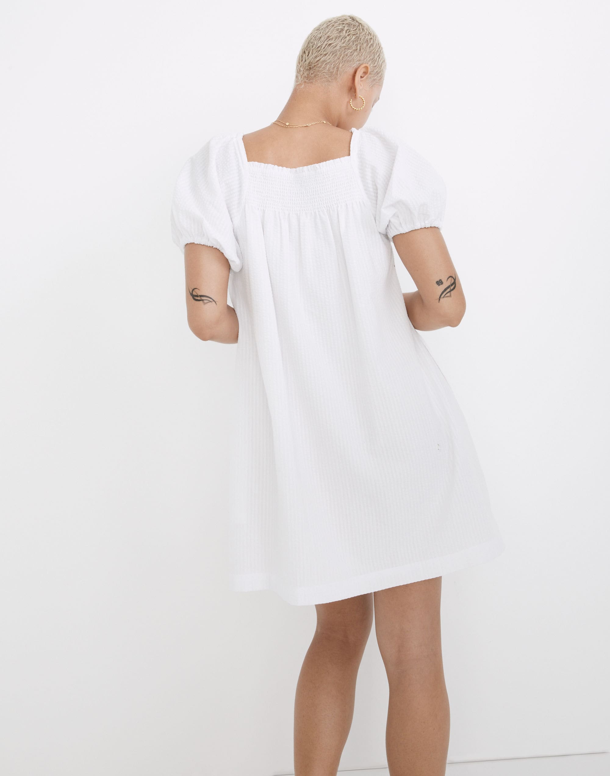 Puff-Sleeve A-Line Mini Dress in Seersucker Stripe