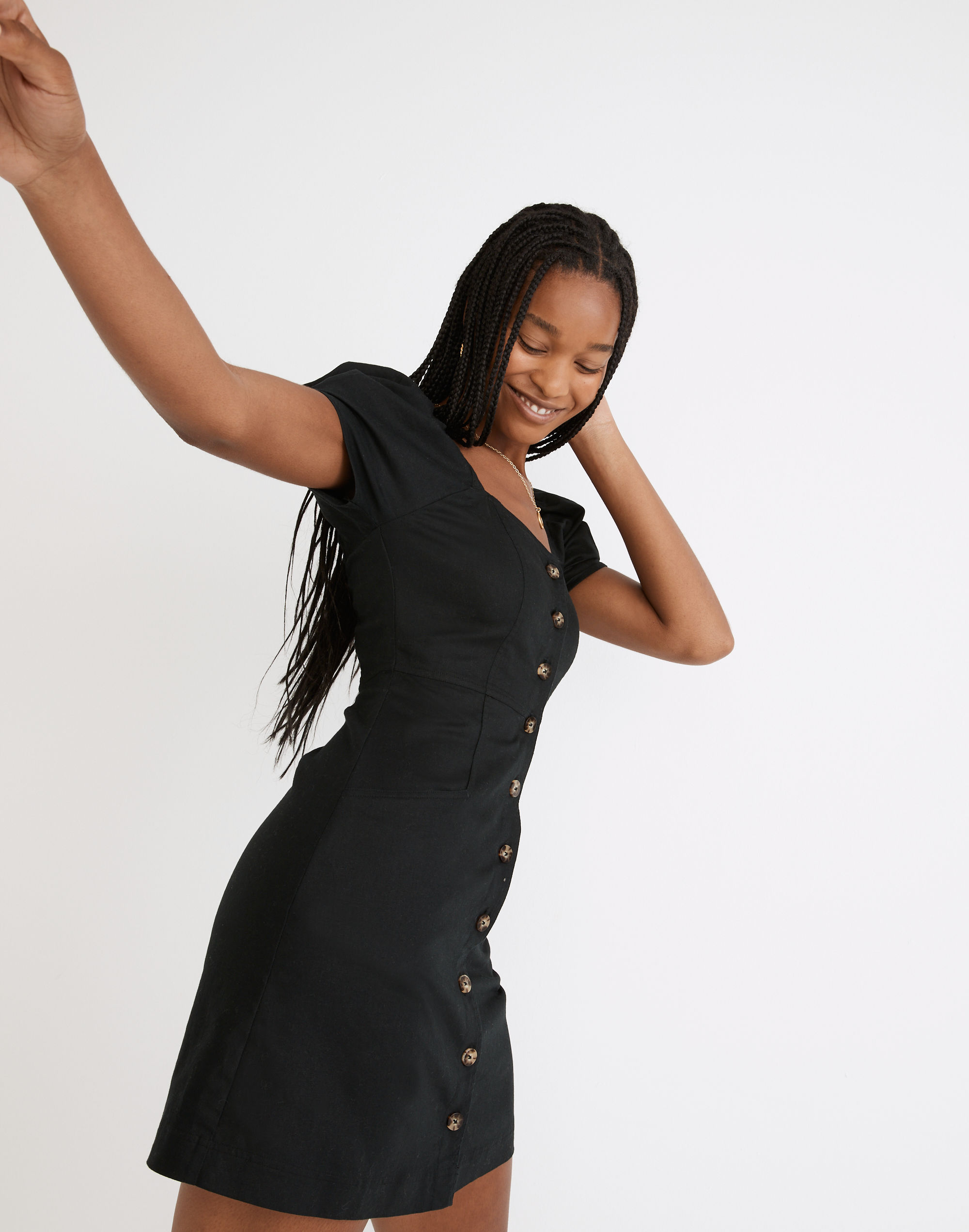 Linen-Cotton Puff-Sleeve Mini Dress