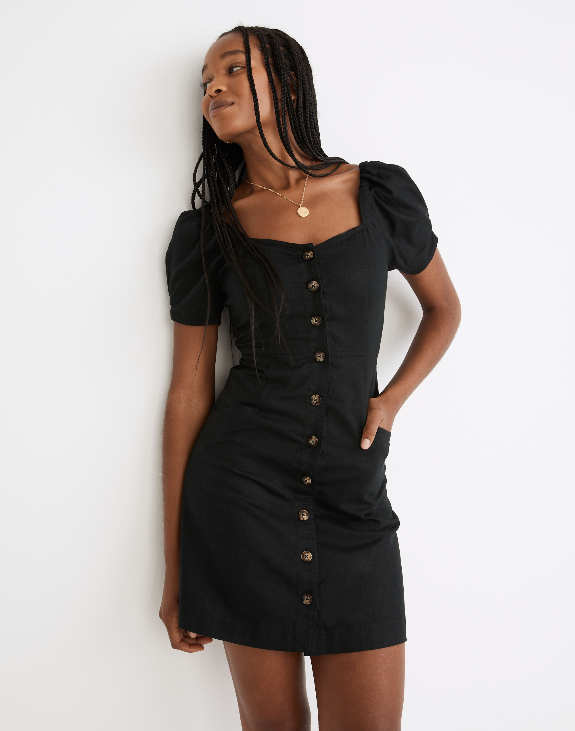 petite linen-cotton puff-sleeve mini dress
