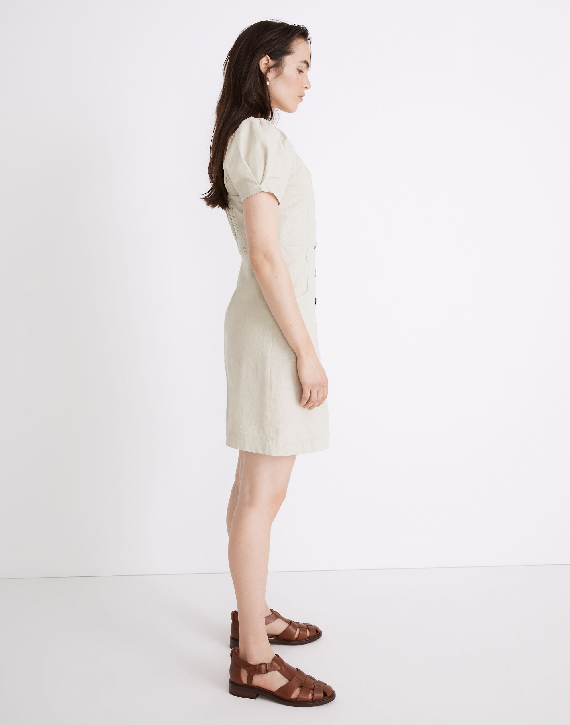 Linen-Cotton Puff-Sleeve Mini Dress