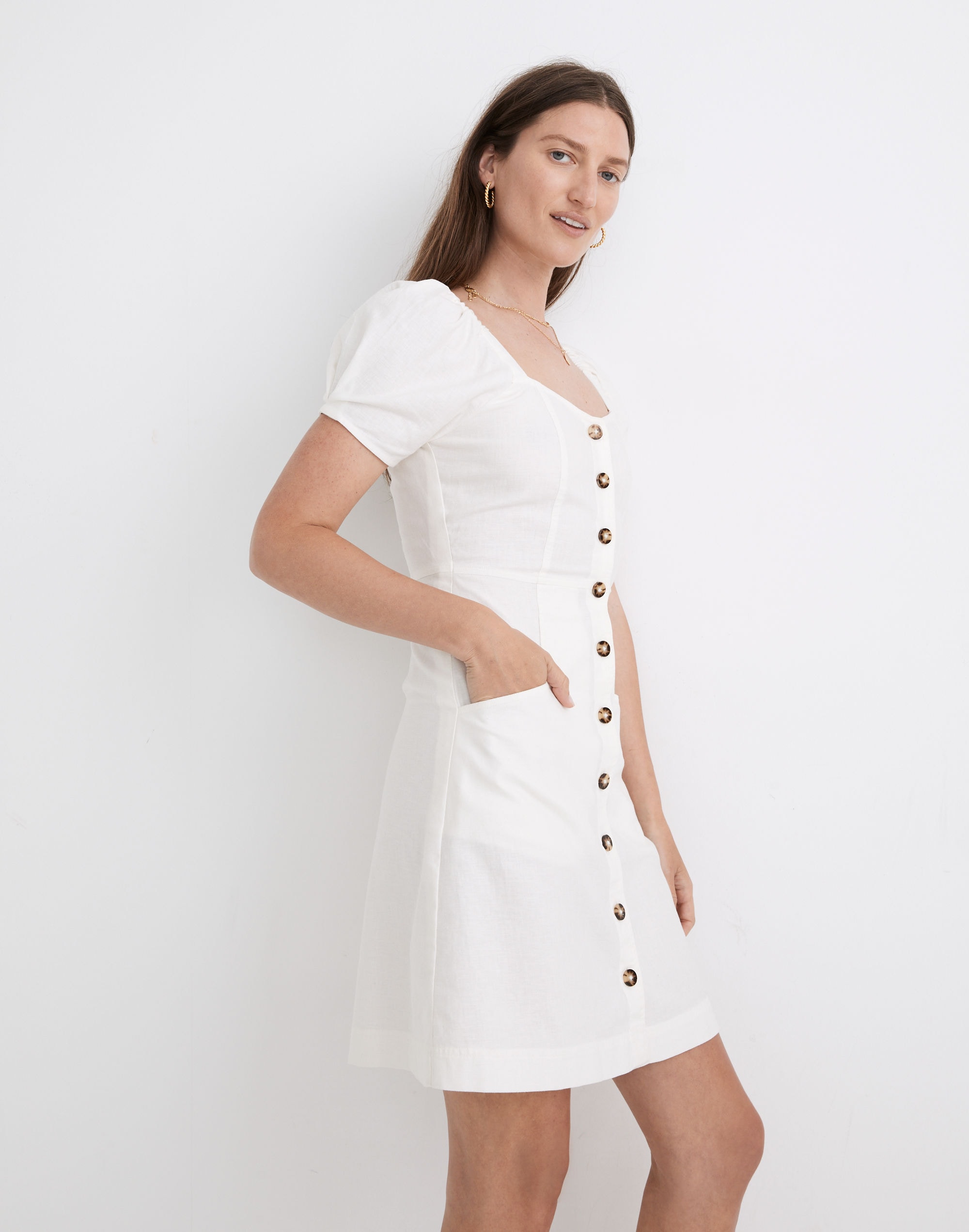 Linen-Cotton Puff-Sleeve Mini Dress