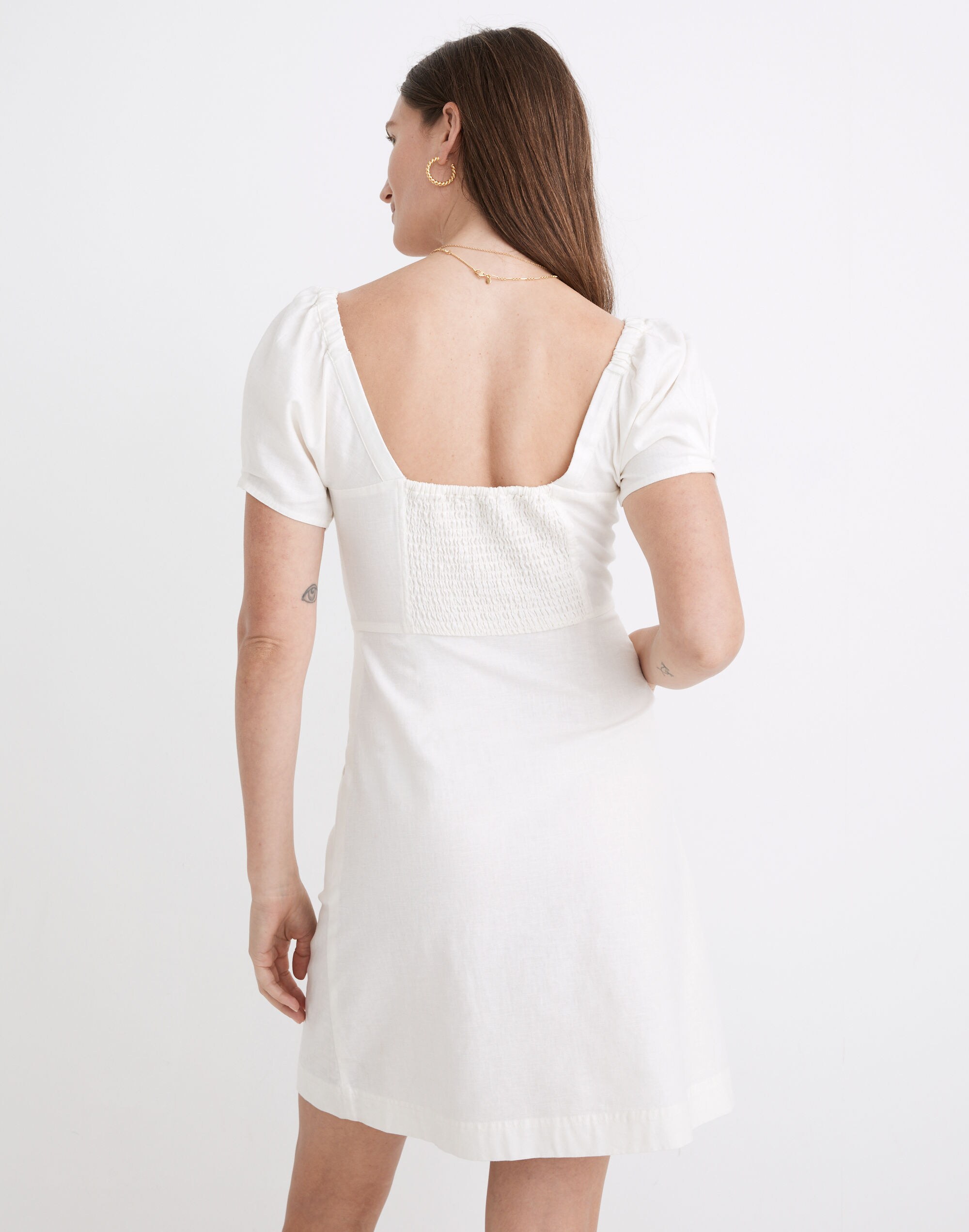 Linen-Cotton Puff-Sleeve Mini Dress