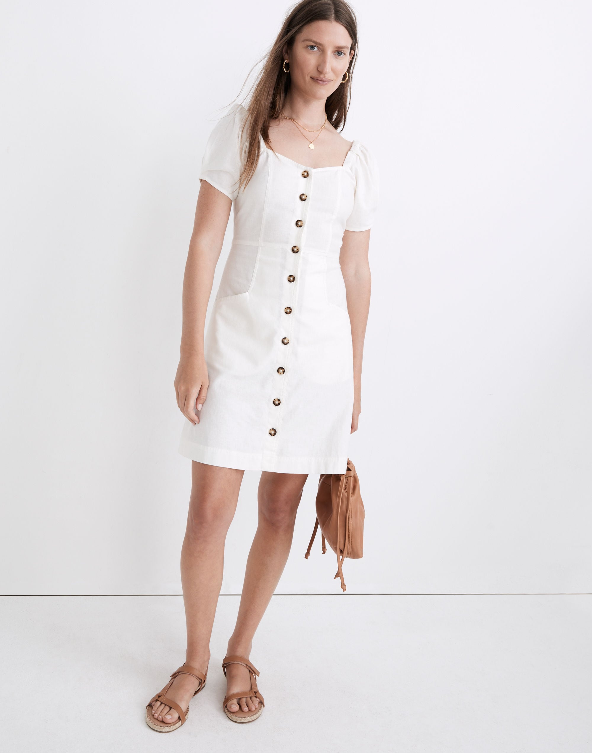 Linen-Cotton Puff-Sleeve Mini Dress