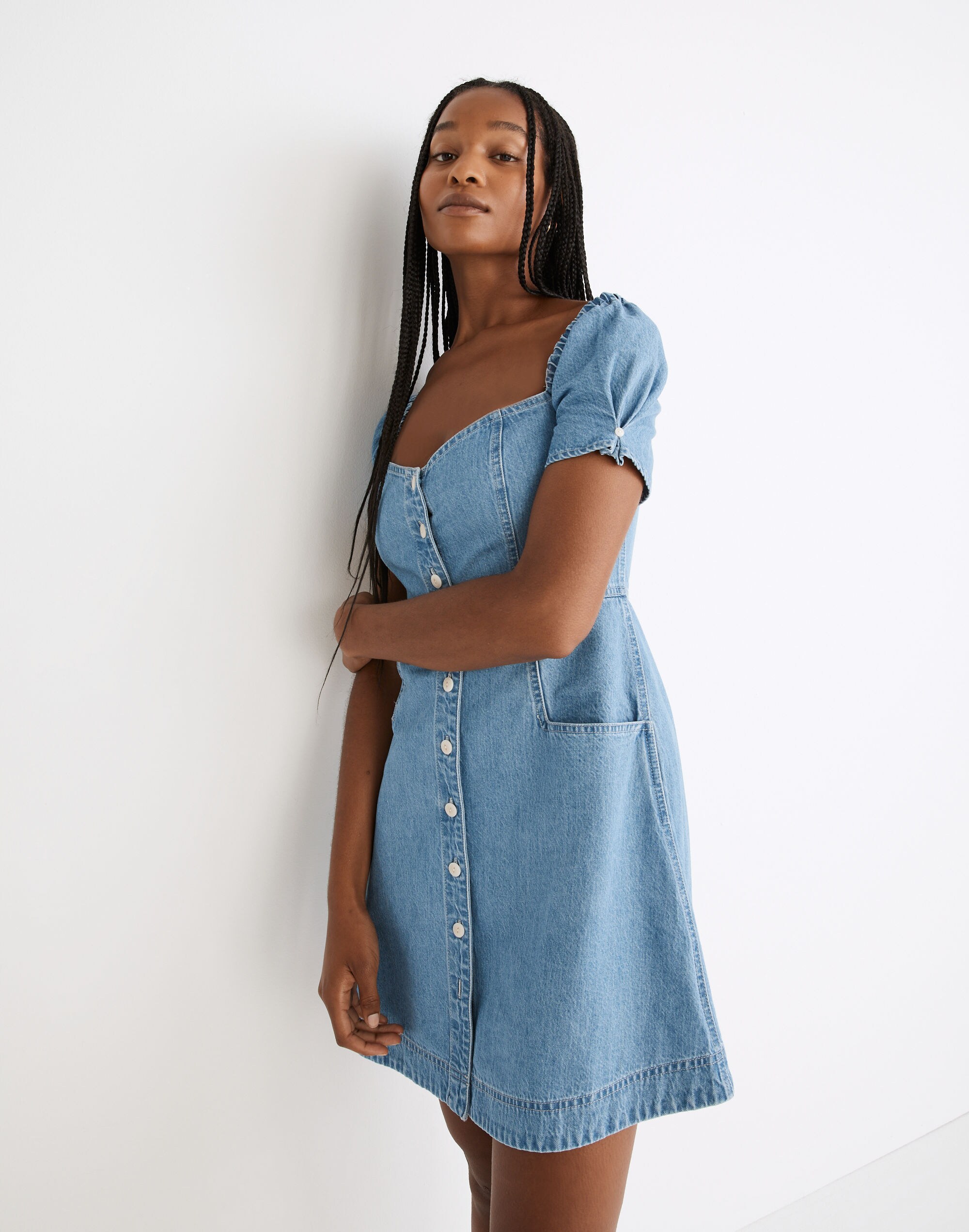 Denim Puff-Sleeve Mini Dress in Dawnshire Wash
