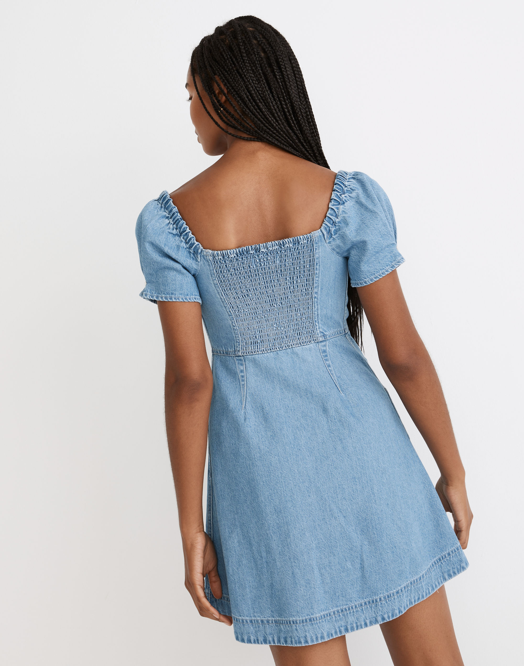 Denim Puff-Sleeve Mini Dress in Dawnshire Wash