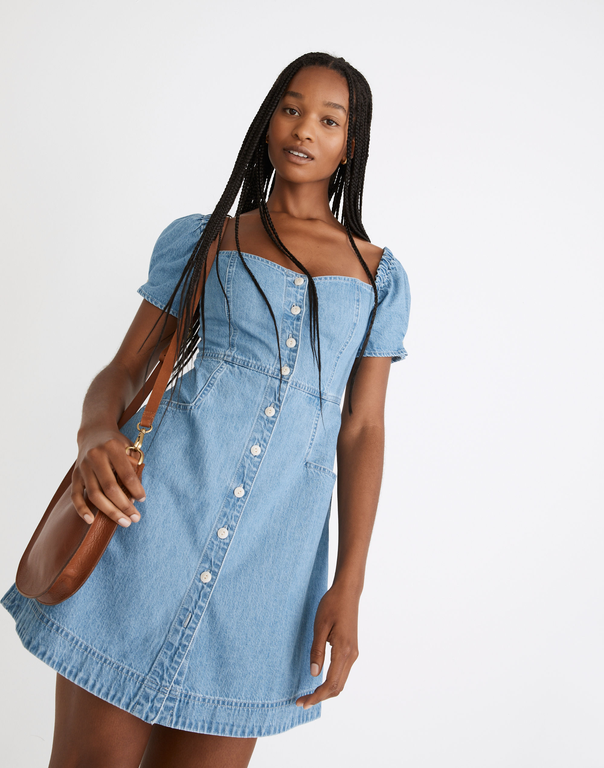 Denim Puff-Sleeve Mini Dress in Dawnshire Wash