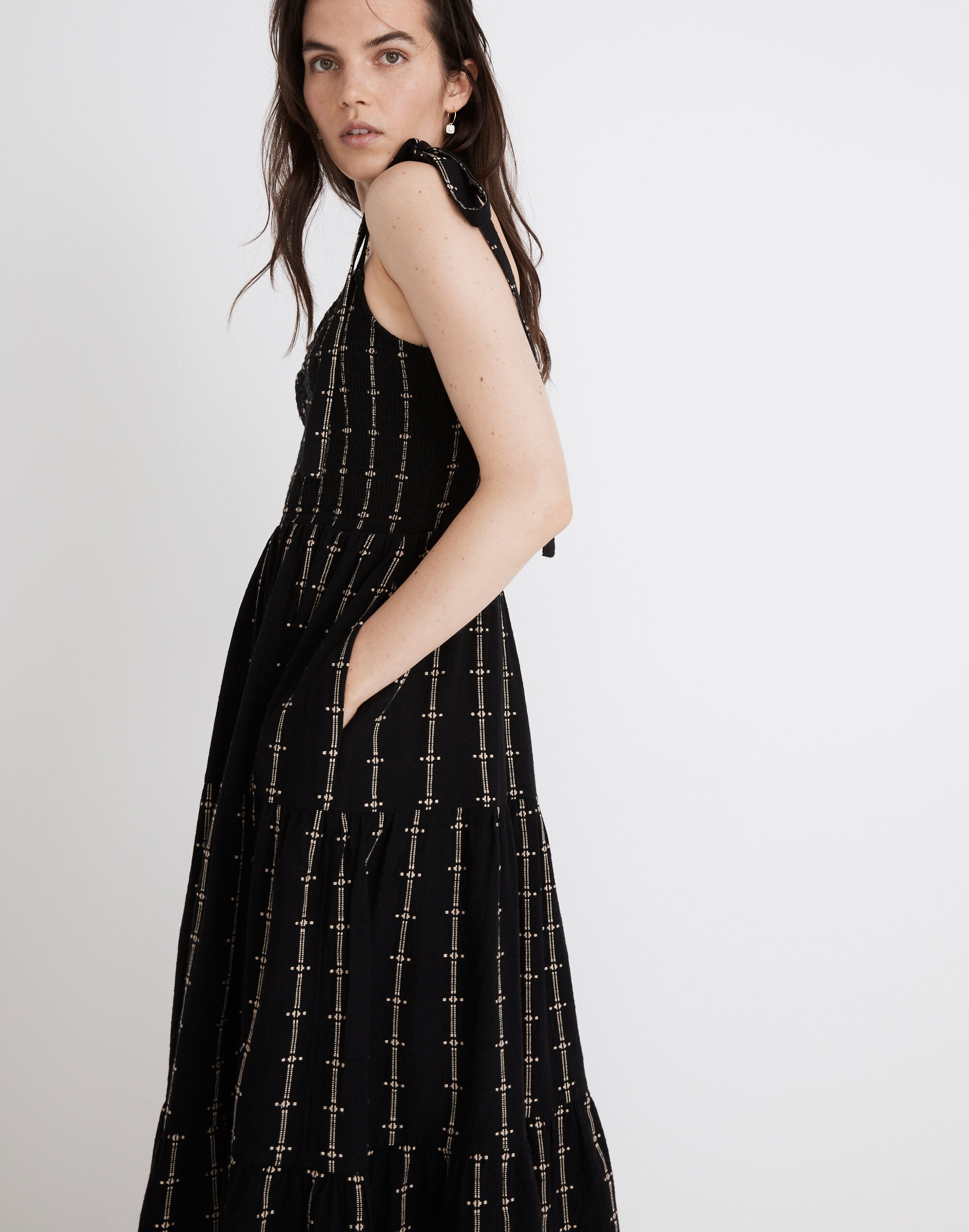Lucie Tie-Strap Tiered Midi Dress in Jacquard Stripe