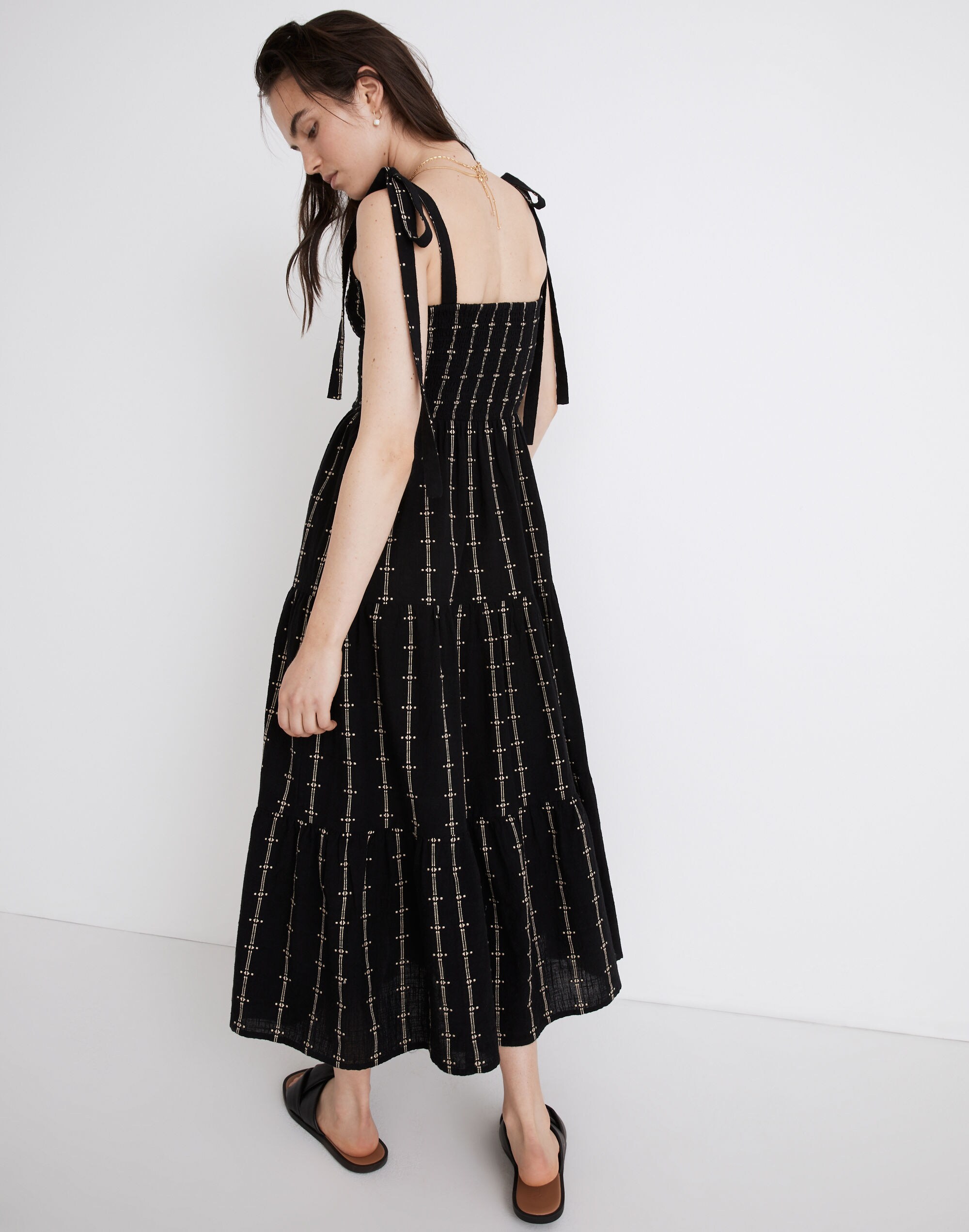 Lucie Tie-Strap Tiered Midi Dress in Jacquard Stripe