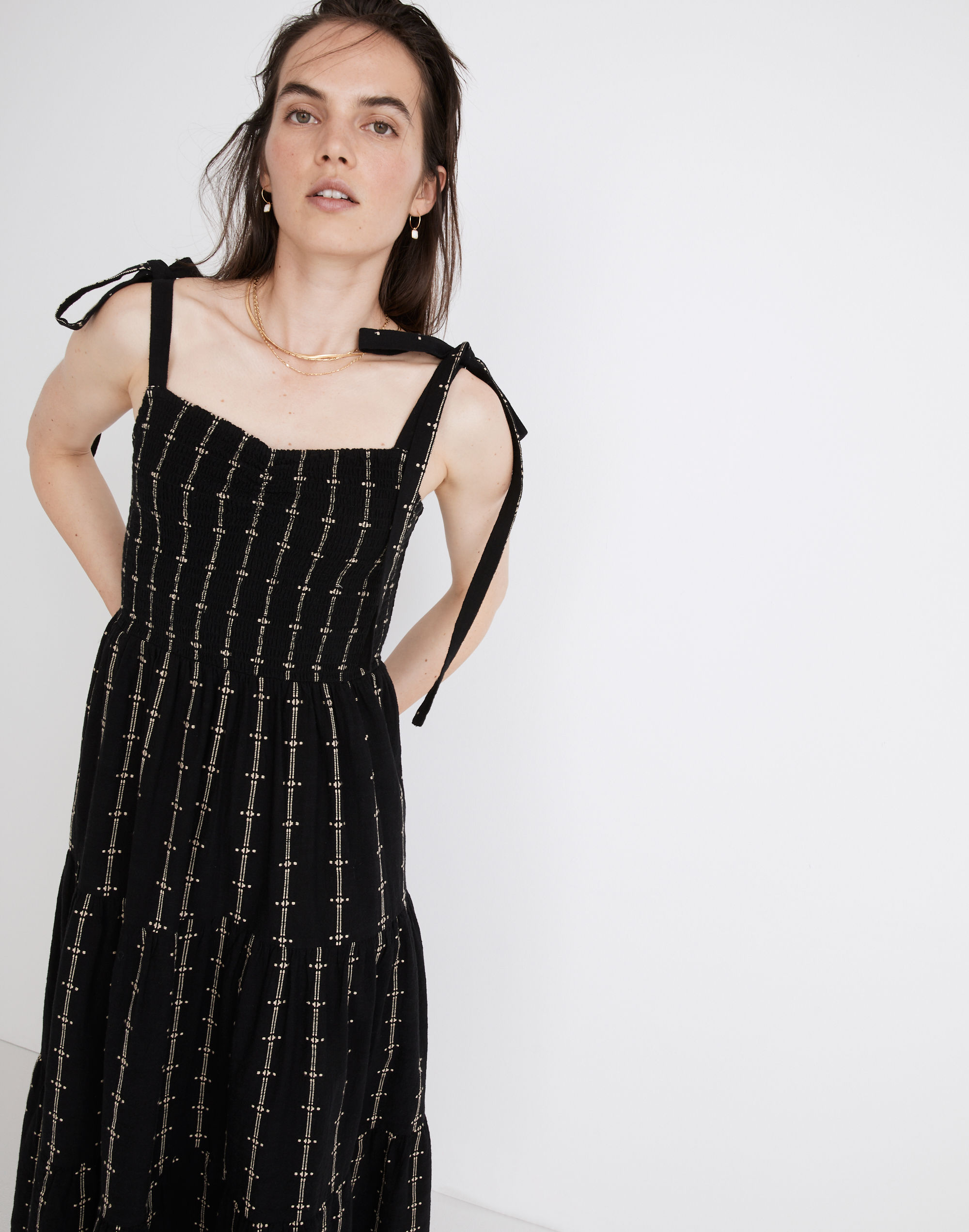 Lucie Tie-Strap Tiered Midi Dress in Jacquard Stripe | Madewell