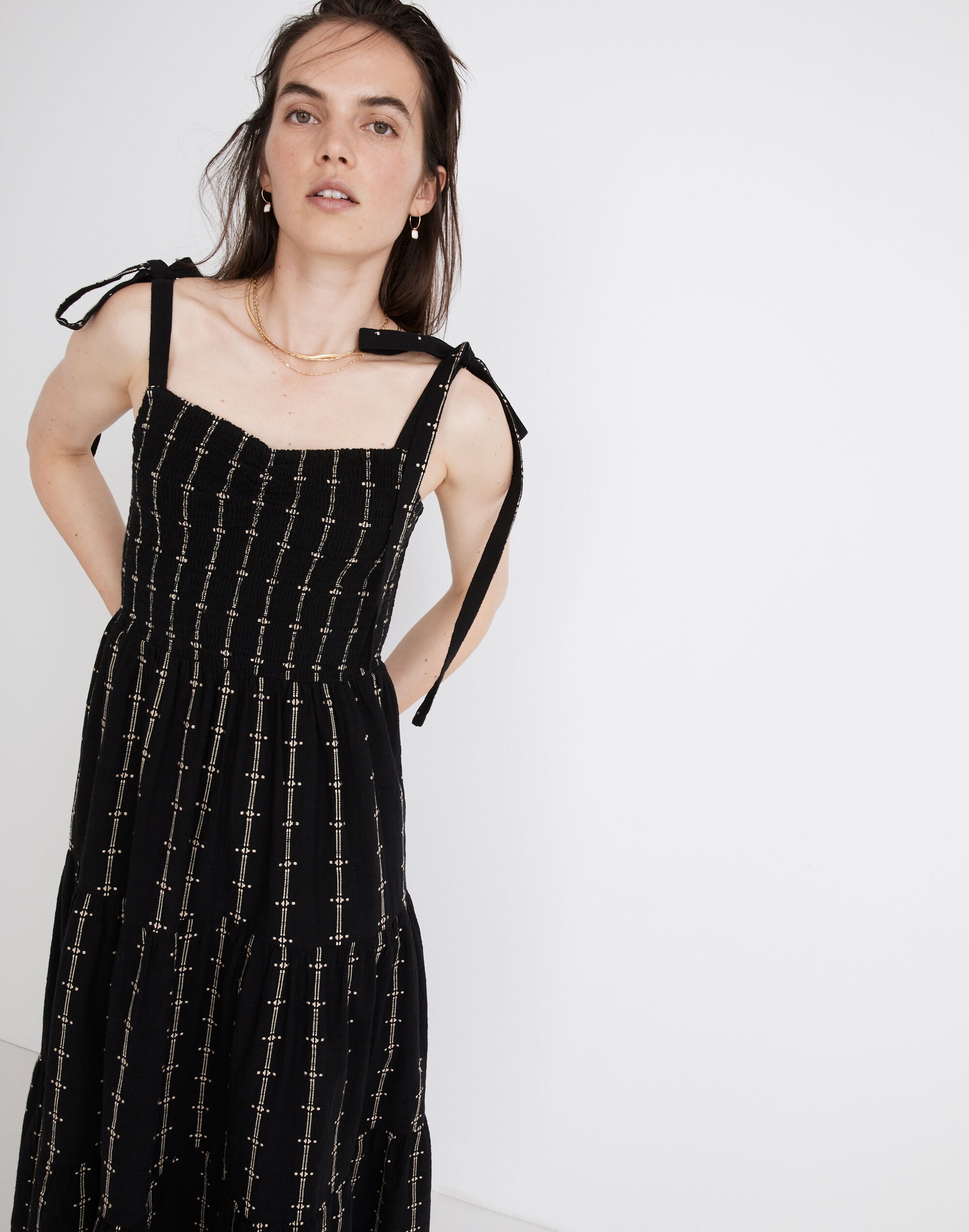 Lucie Tie-Strap Tiered Midi Dress in Jacquard Stripe