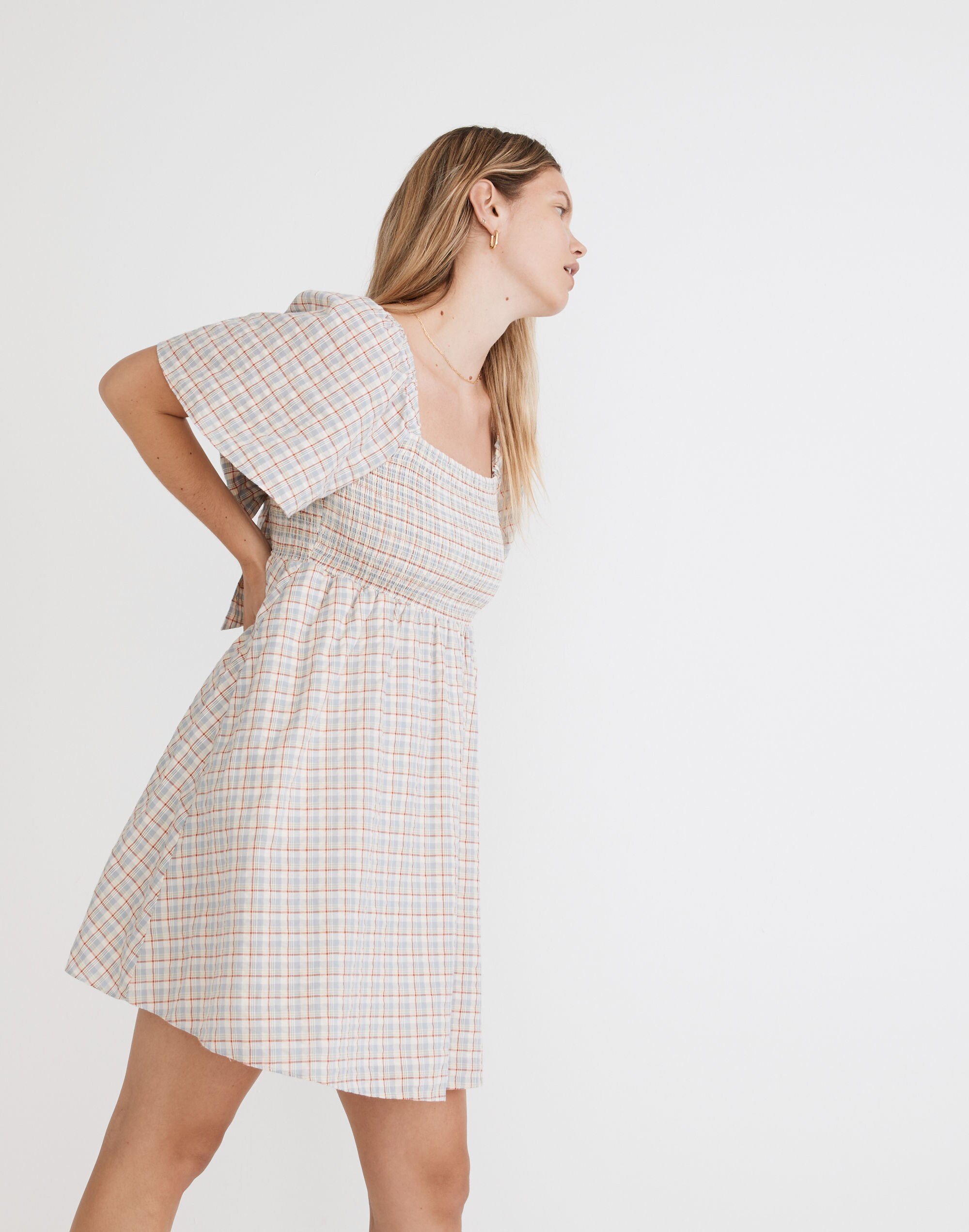 Seersucker Lucie Tie-Back Mini Dress in Plaid