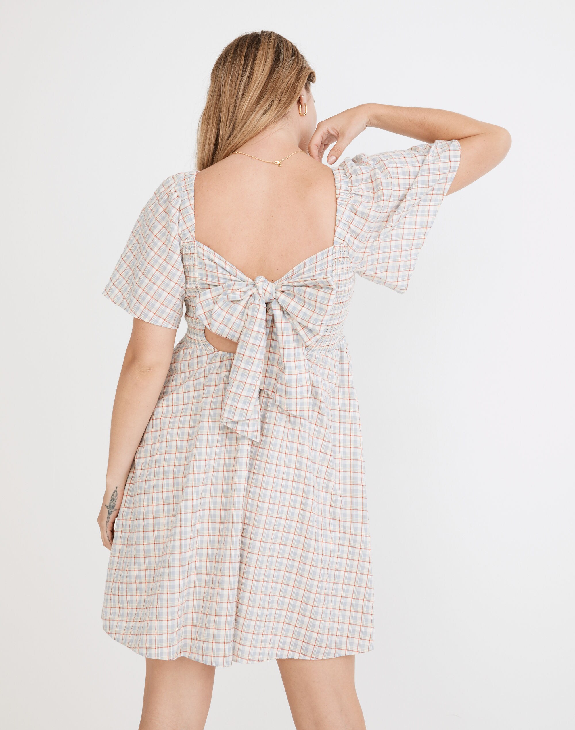 Seersucker Lucie Tie-Back Mini Dress in Plaid