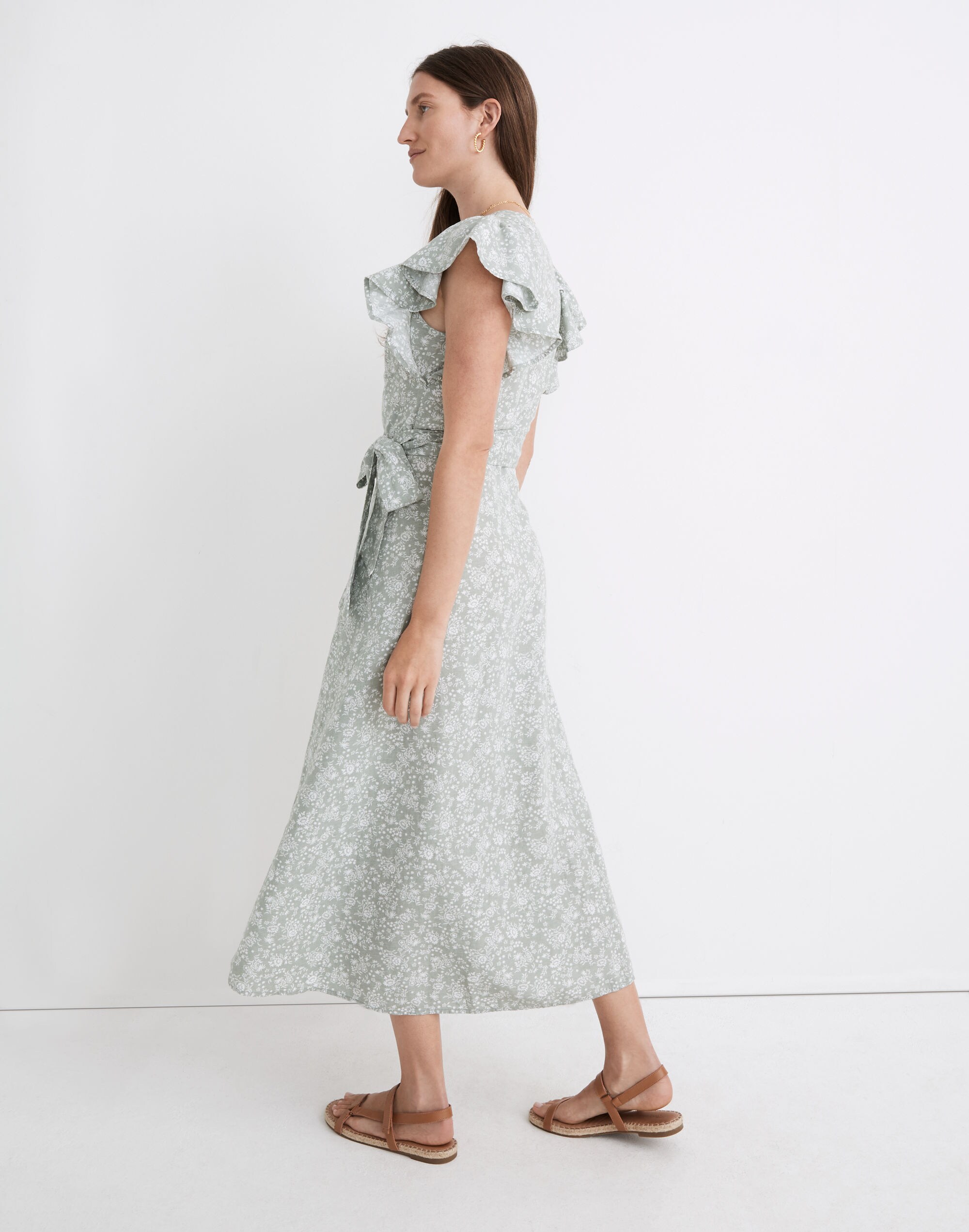 Linen-Blend Ruffle-Sleeve Wrap Midi Dress in Piazza Floral