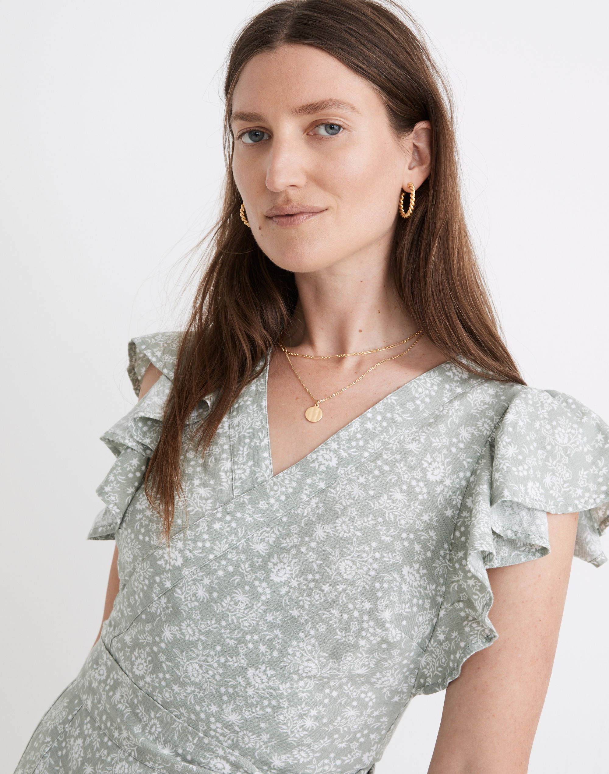 Linen-Blend Ruffle-Sleeve Wrap Midi Dress in Piazza Floral