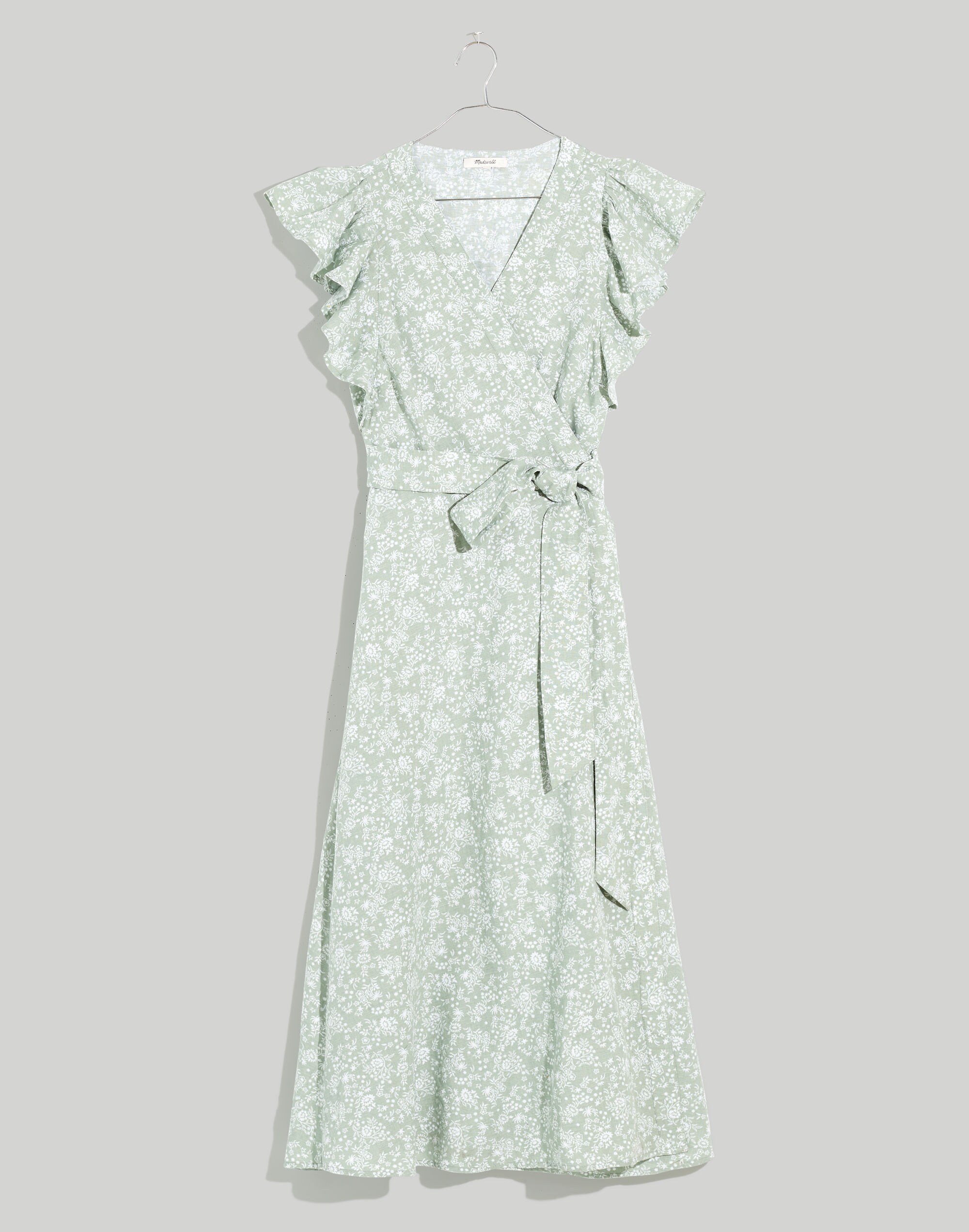 Linen-Blend Ruffle-Sleeve Wrap Midi Dress in Piazza Floral