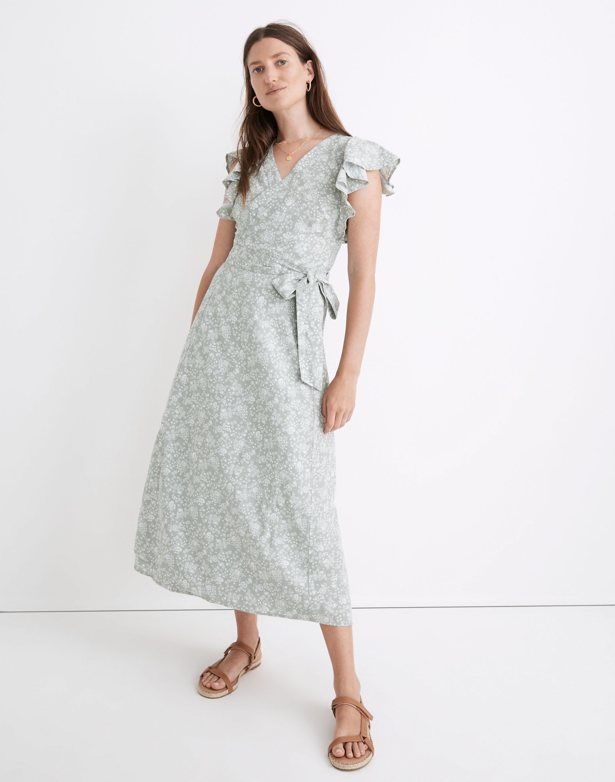 LinenBlend RuffleSleeve Wrap Midi Dress in Piazza Floral