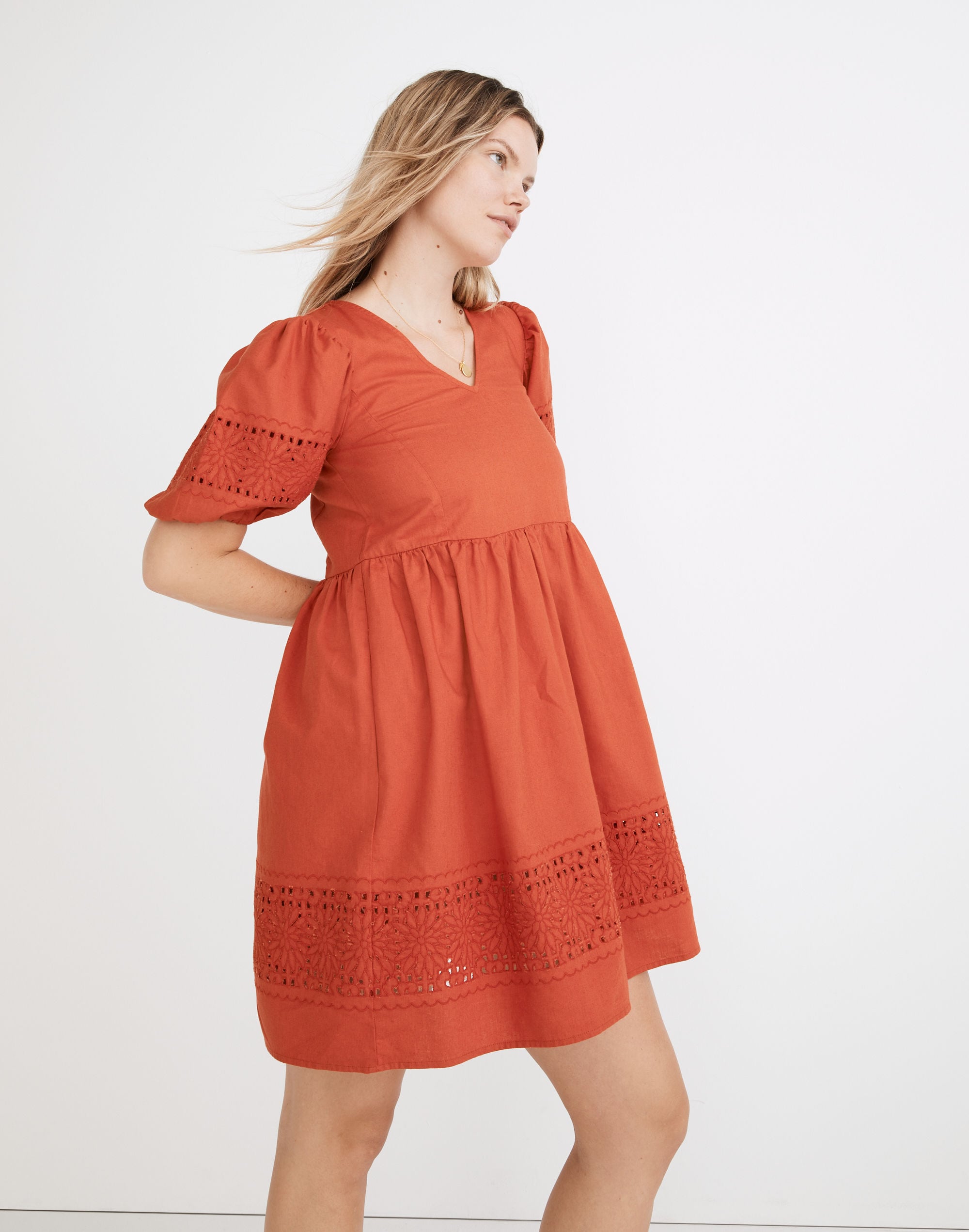 Linen-Blend Embroidered Eyelet Puff-Sleeve Mini Dress