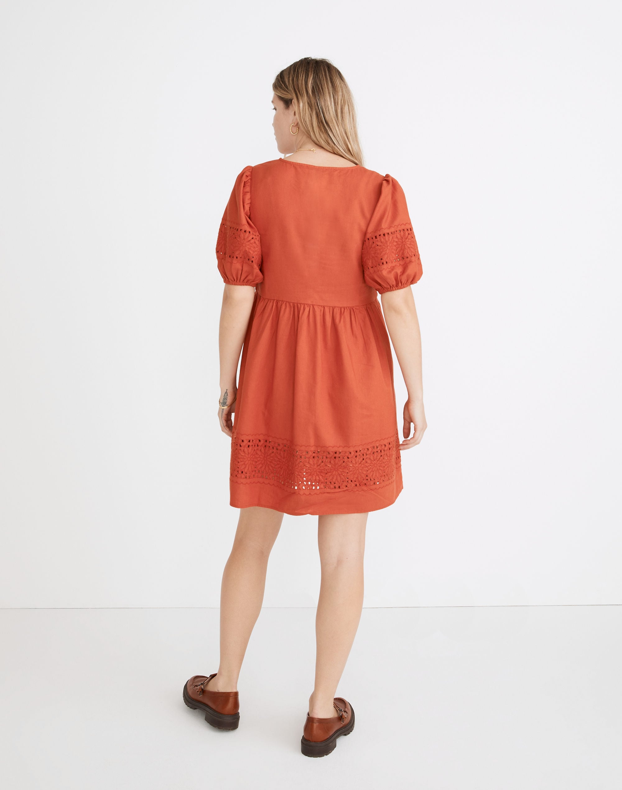 Linen-Blend Embroidered Eyelet Puff-Sleeve Mini Dress