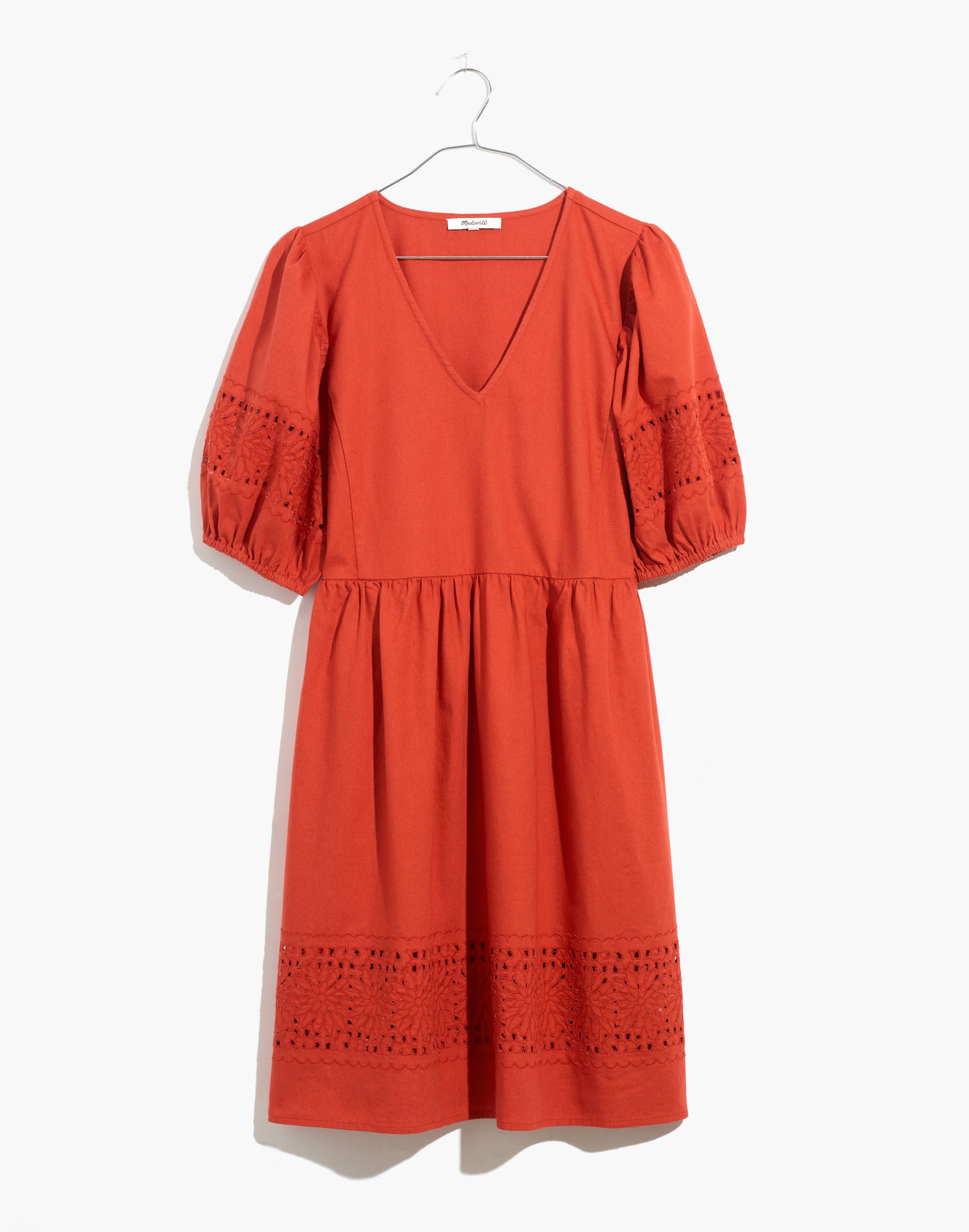 Linen-Blend Embroidered Eyelet Puff-Sleeve Mini Dress