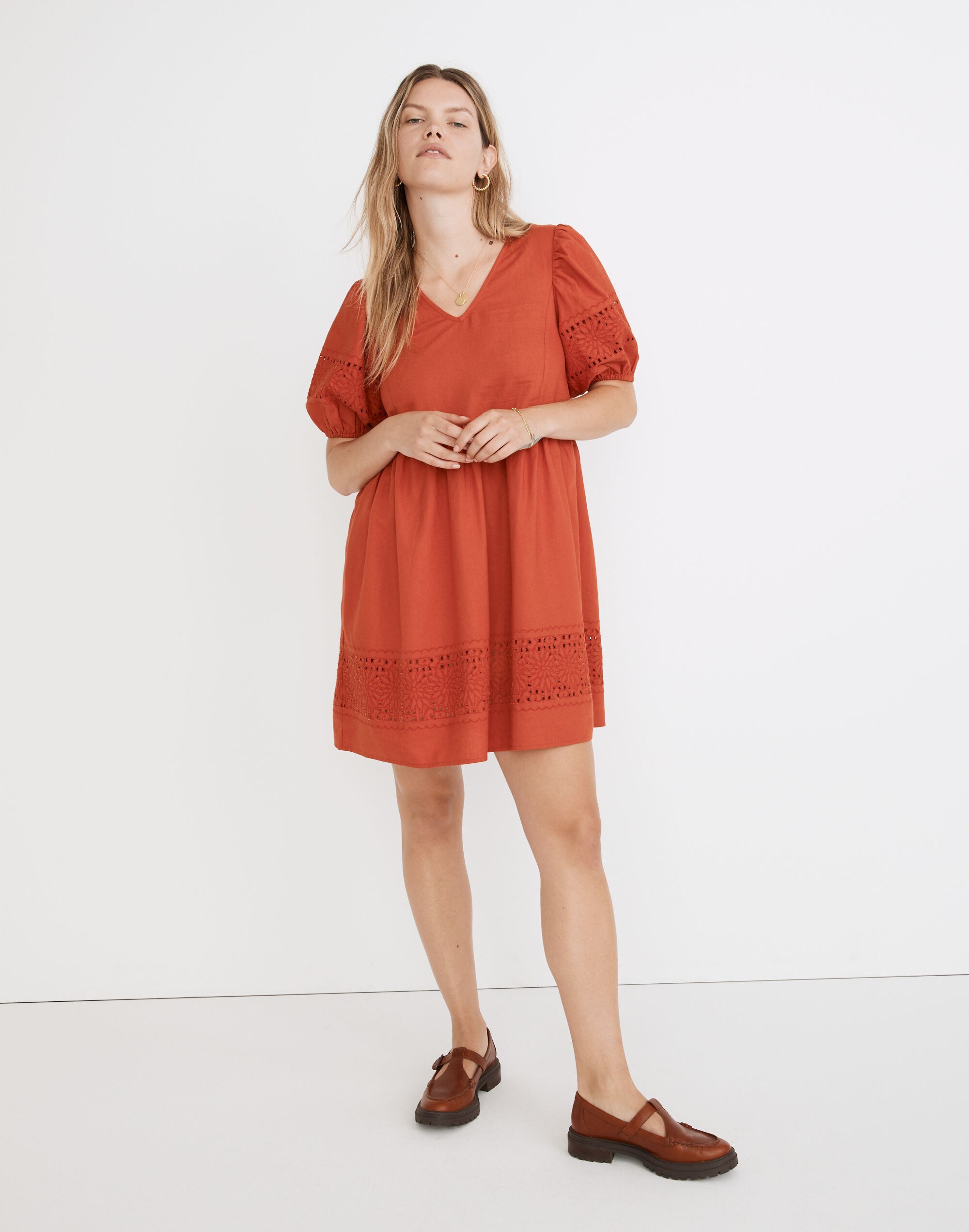 Linen-Blend Embroidered Eyelet Puff-Sleeve Mini Dress