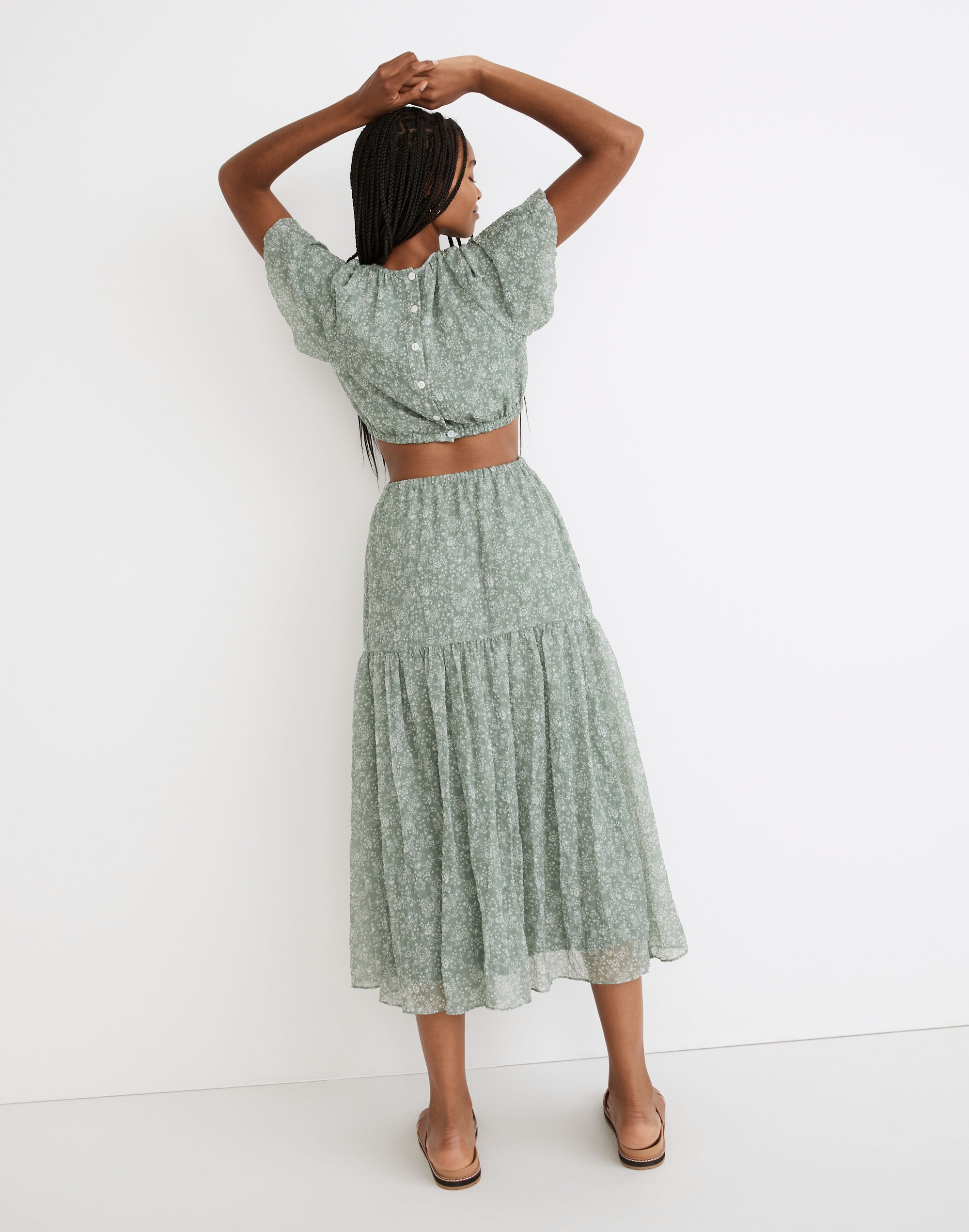 Seersucker Puff-Sleeve Cutout Midi Dress in Piazza Floral