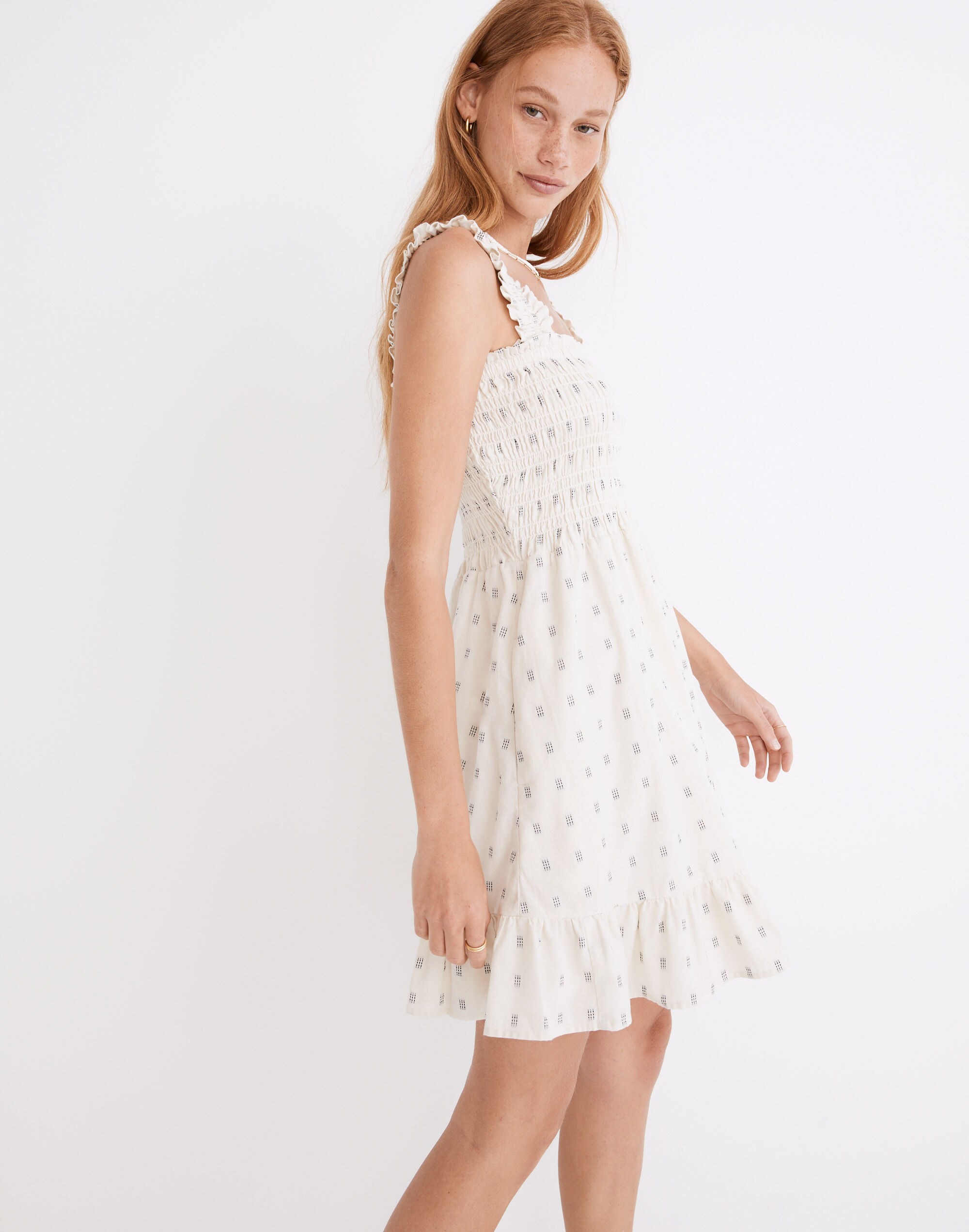 Lucie Smocked Tank Mini Dress in Textural Clipdot