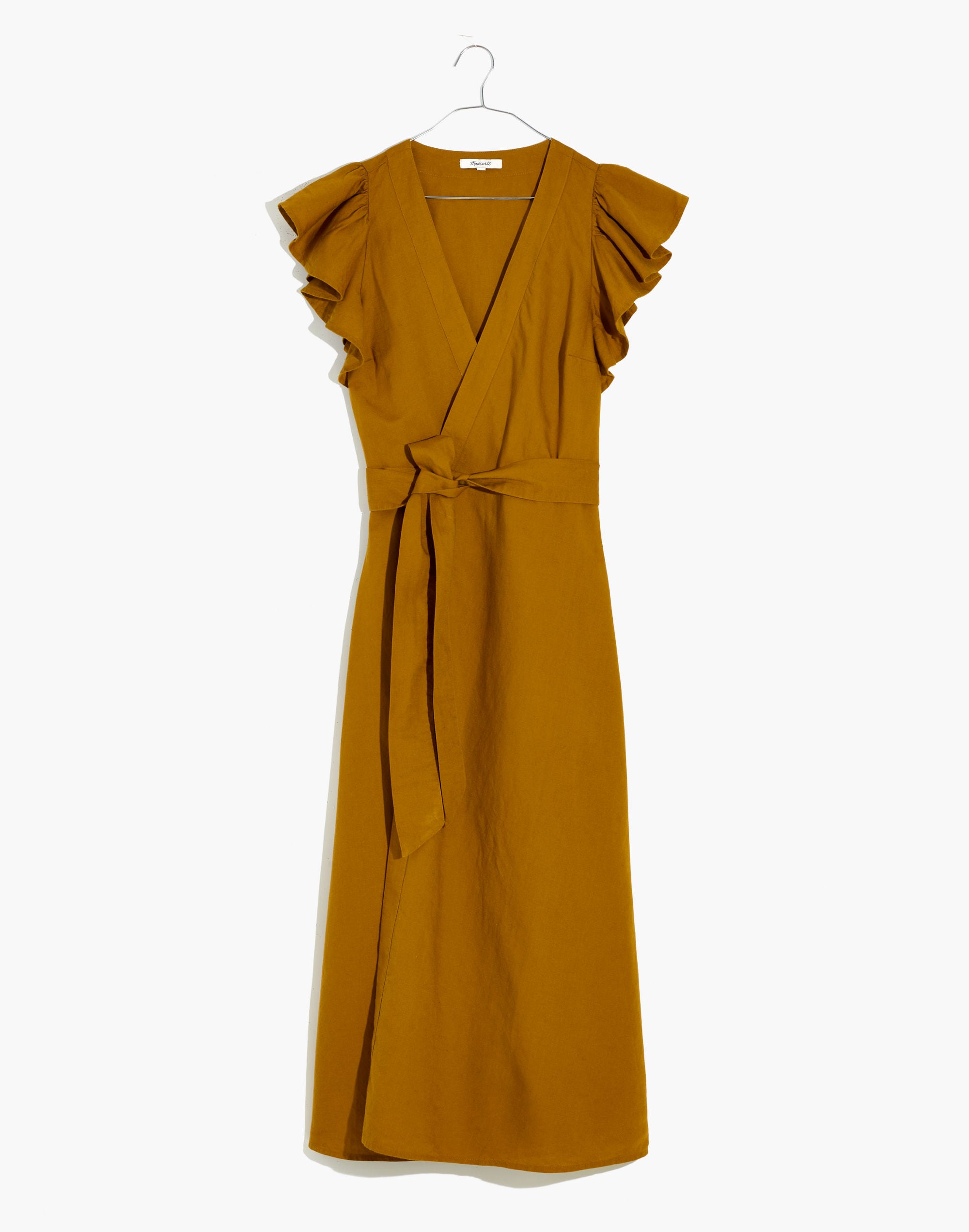 Linen-Blend Ruffle-Sleeve Wrap Midi Dress