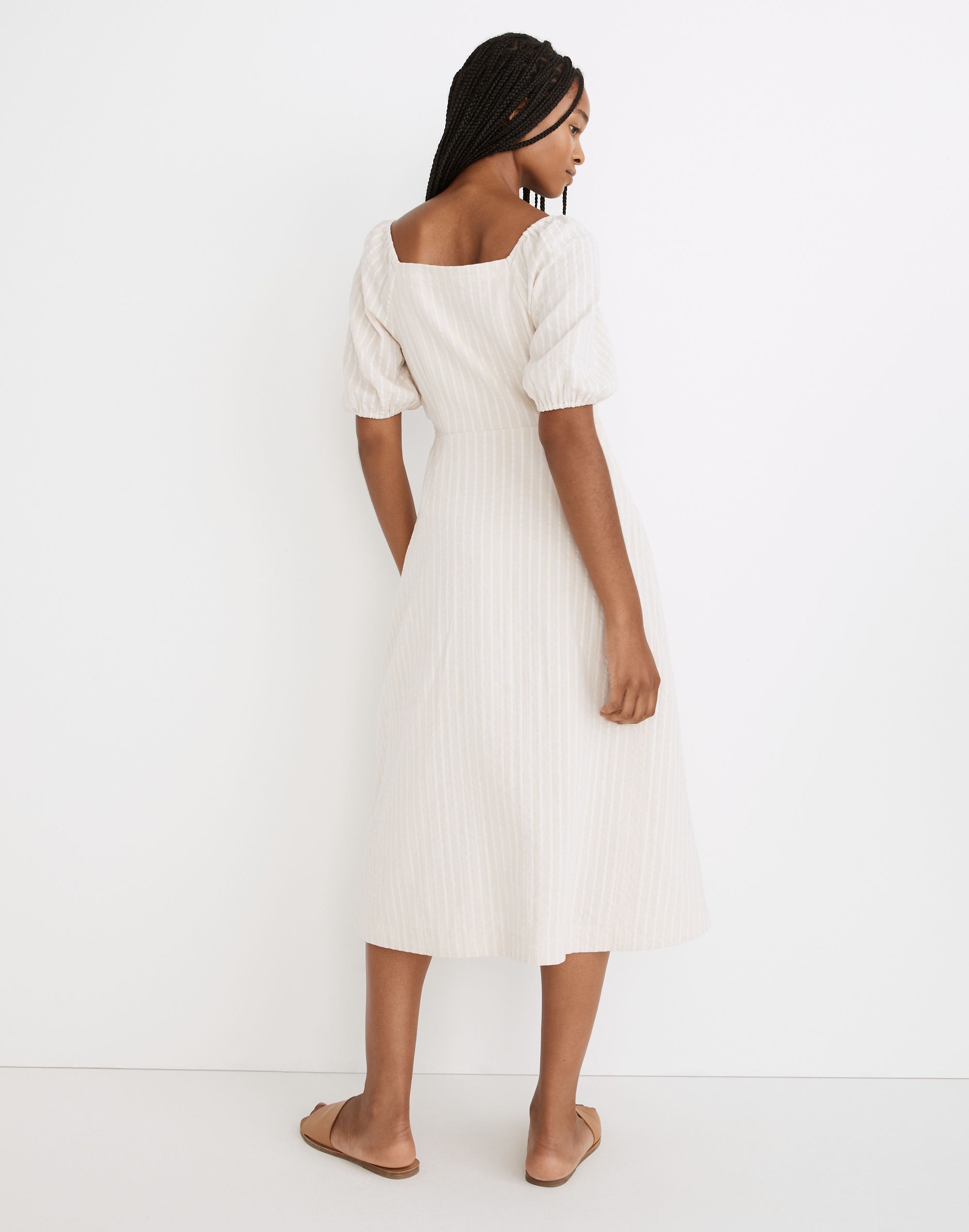Puff-Sleeve Button-Wrap Midi Dress in Undyed Stripe