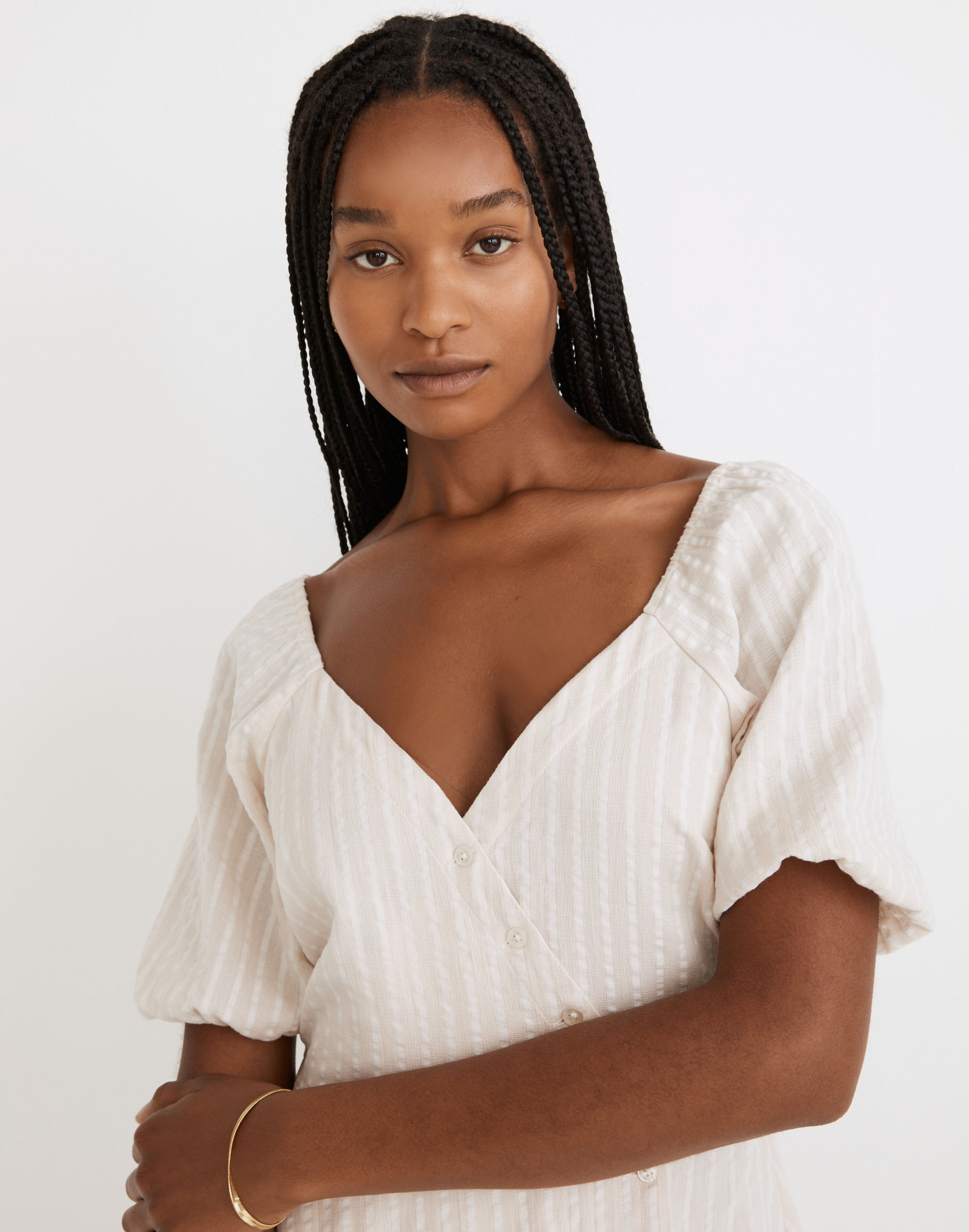 Puff-Sleeve Button-Wrap Midi Dress in Undyed Stripe