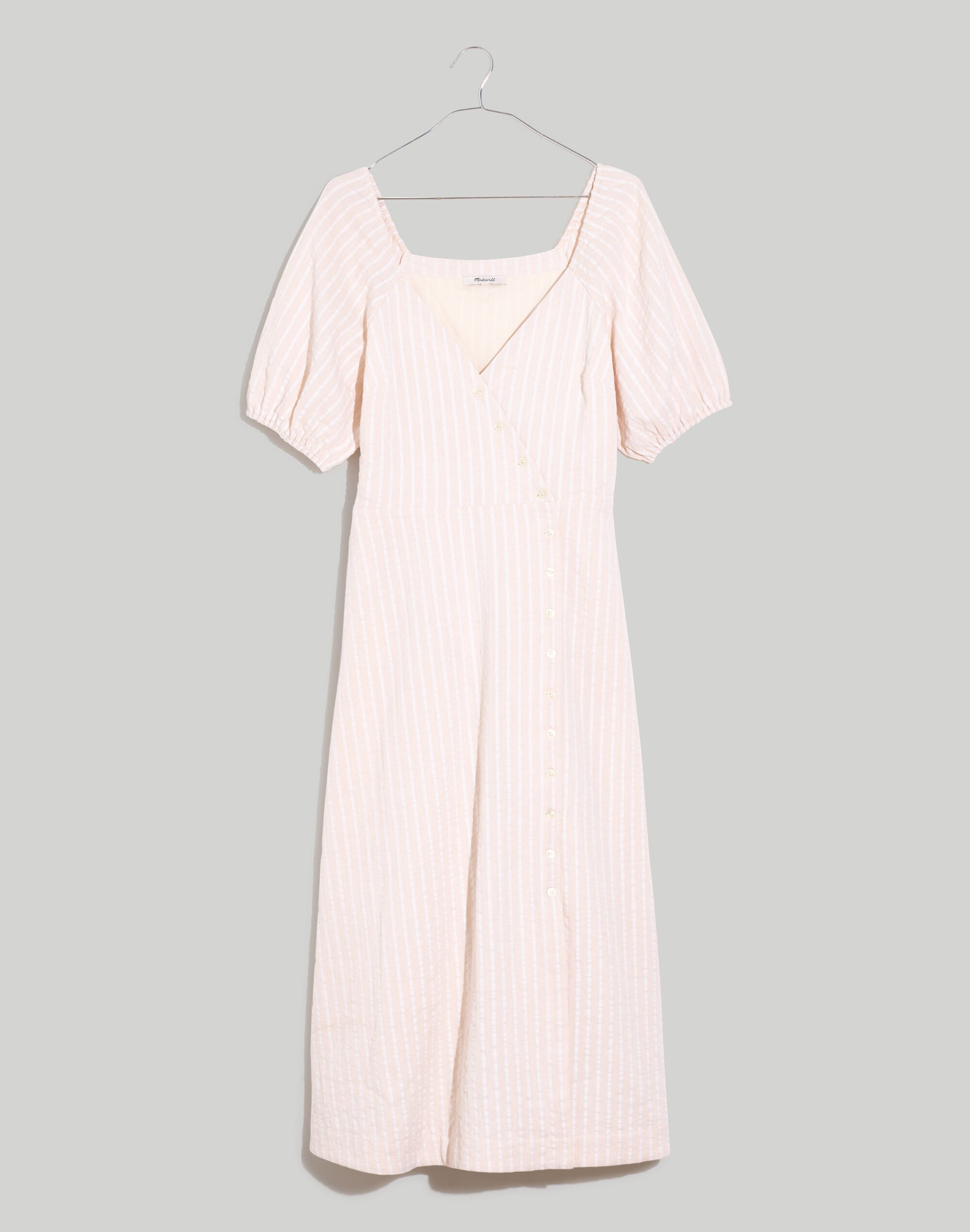 Puff-Sleeve Button-Wrap Midi Dress in Undyed Stripe