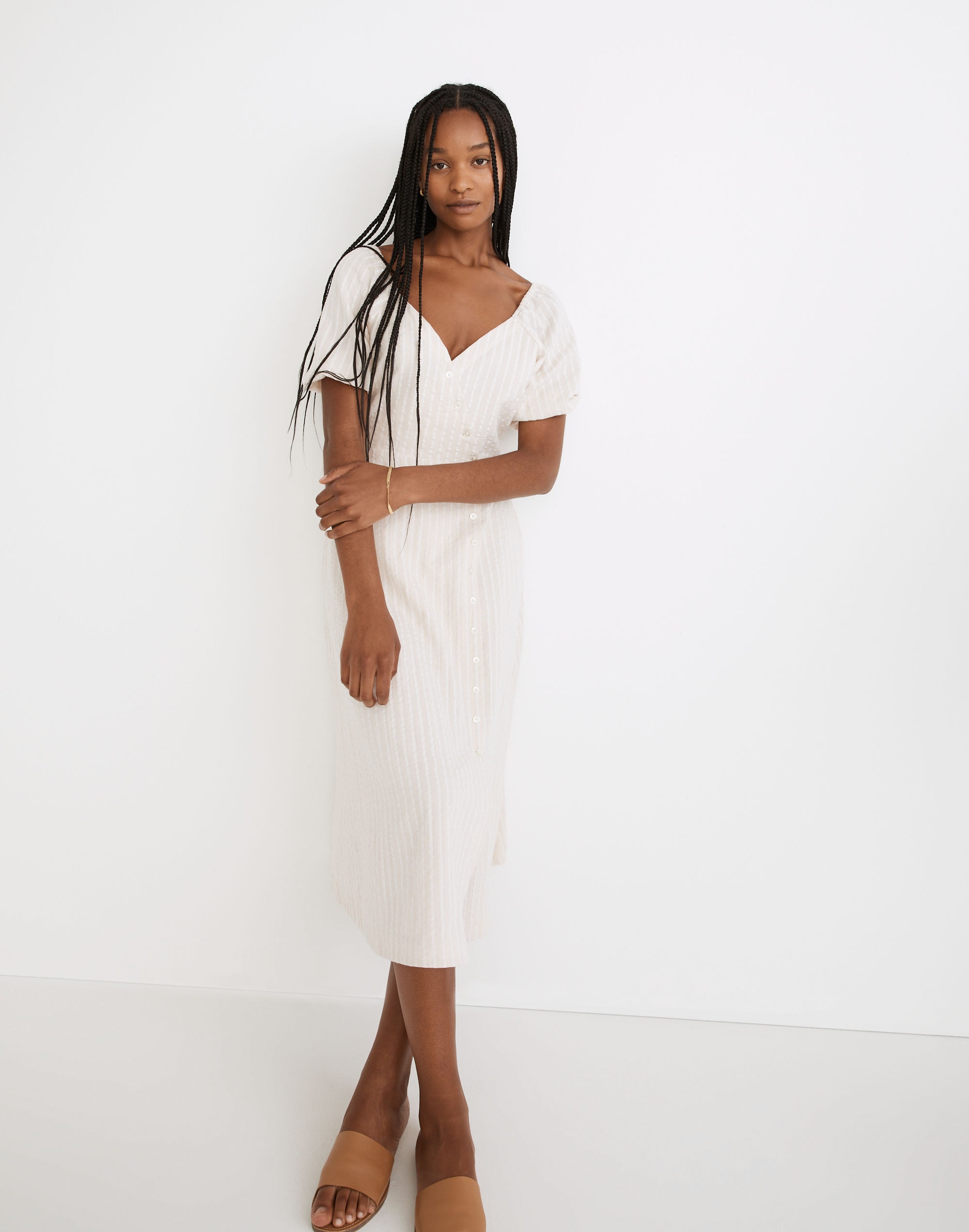 puff-sleeve button-wrap midi dress in undyed stripe