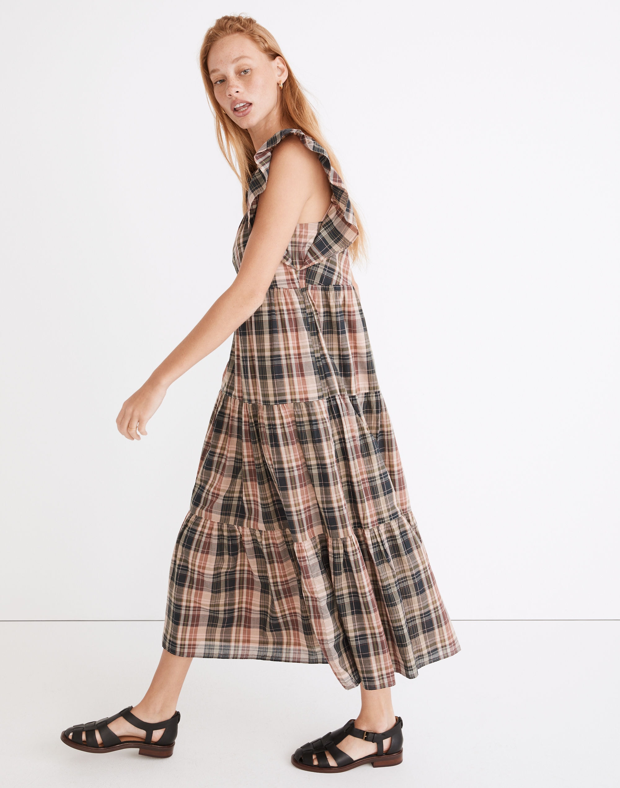 Flutter-Sleeve Tiered Midi Dress in Plaid