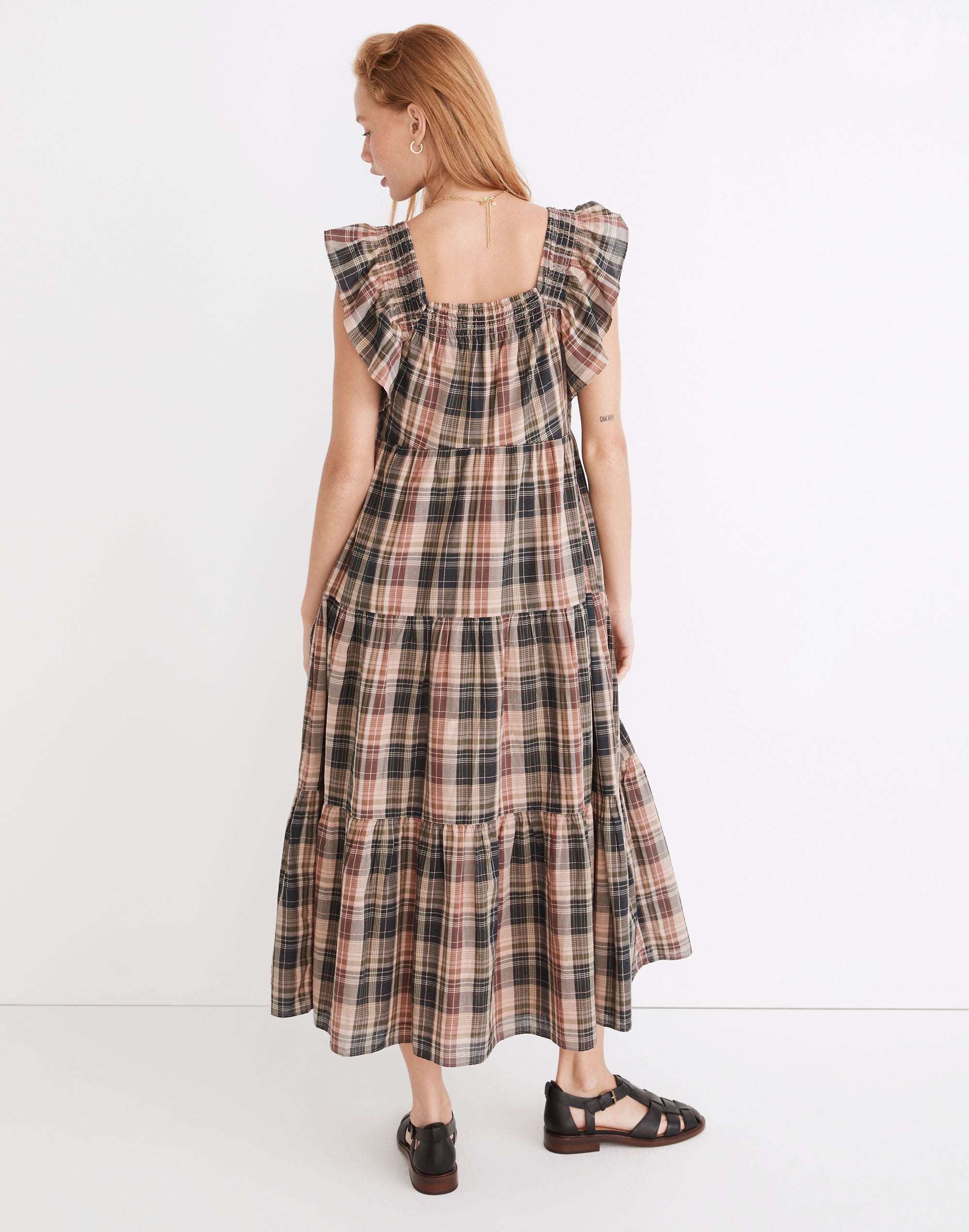 Flutter-Sleeve Tiered Midi Dress in Plaid