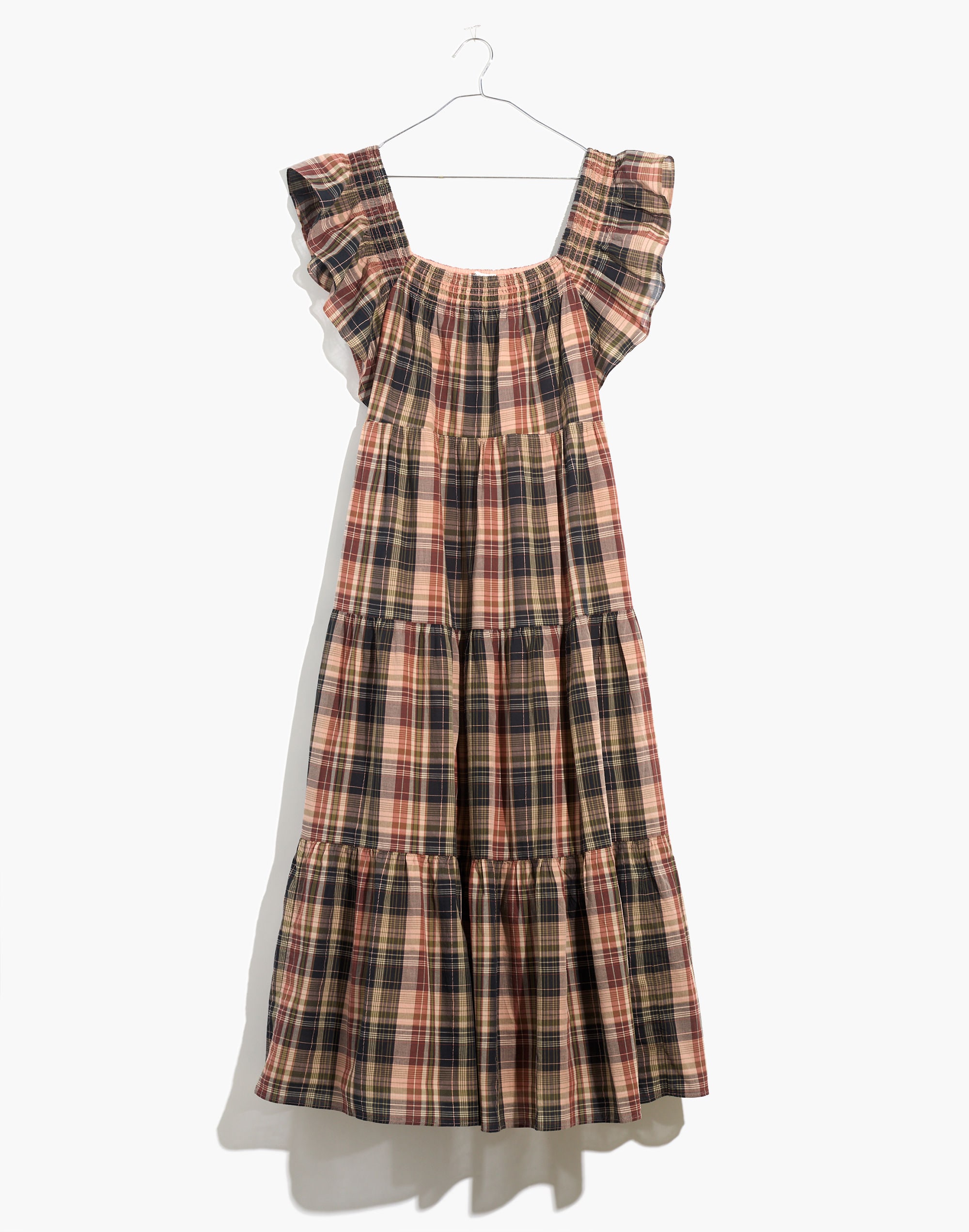 Flutter-Sleeve Tiered Midi Dress in Plaid
