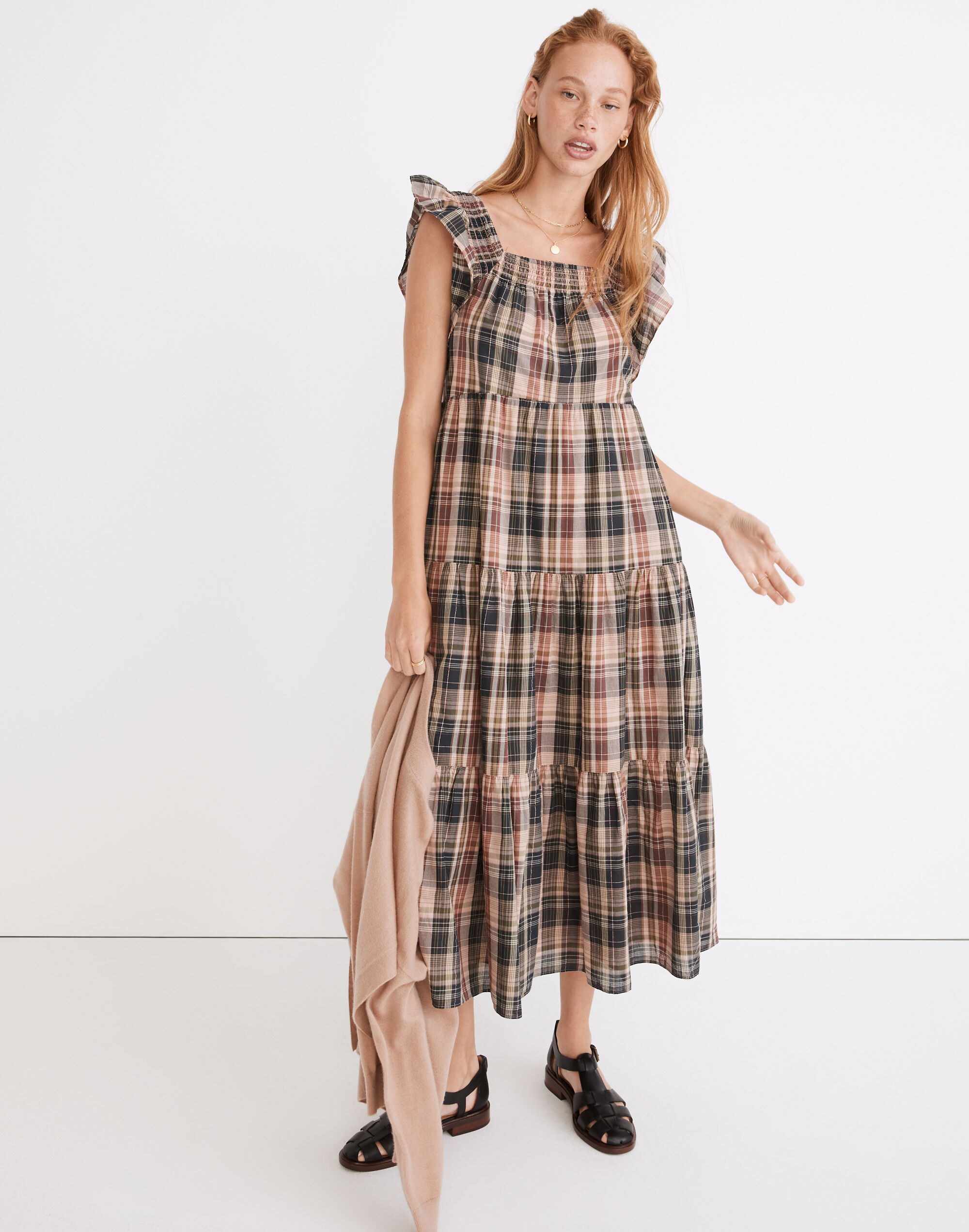 Flutter-Sleeve Tiered Midi Dress in Plaid