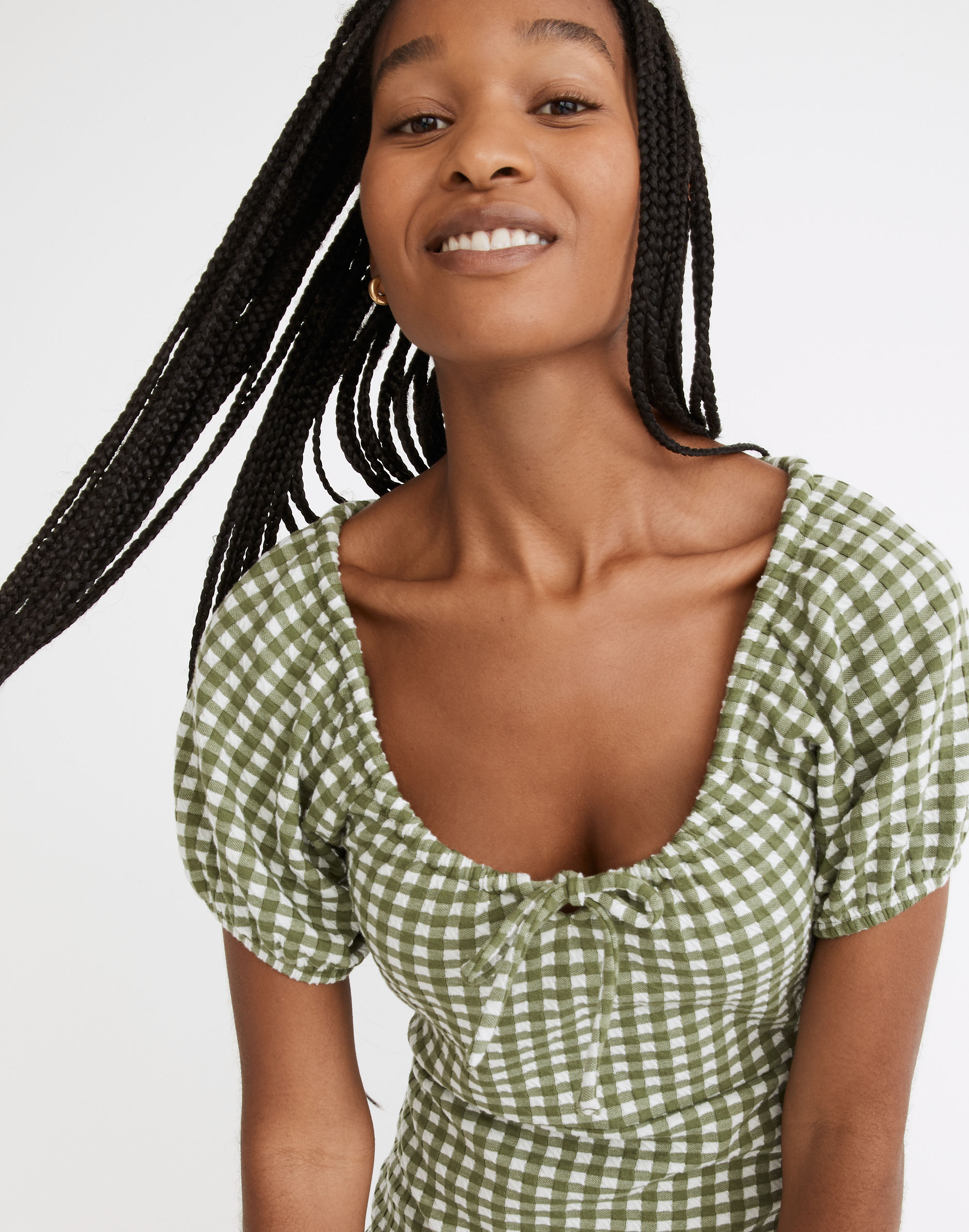 Jacquard Puff-Sleeve Mini Dress in Gingham Check