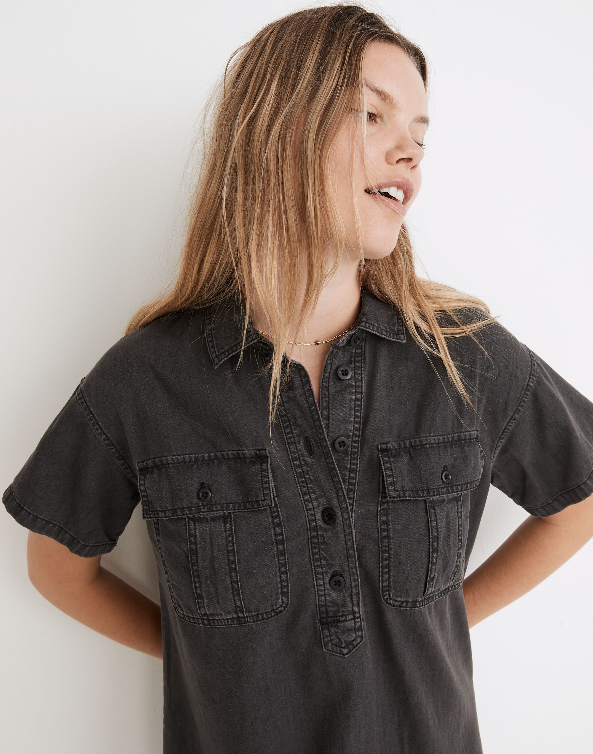 Denim Popover Shirtdress in Lunar Wash