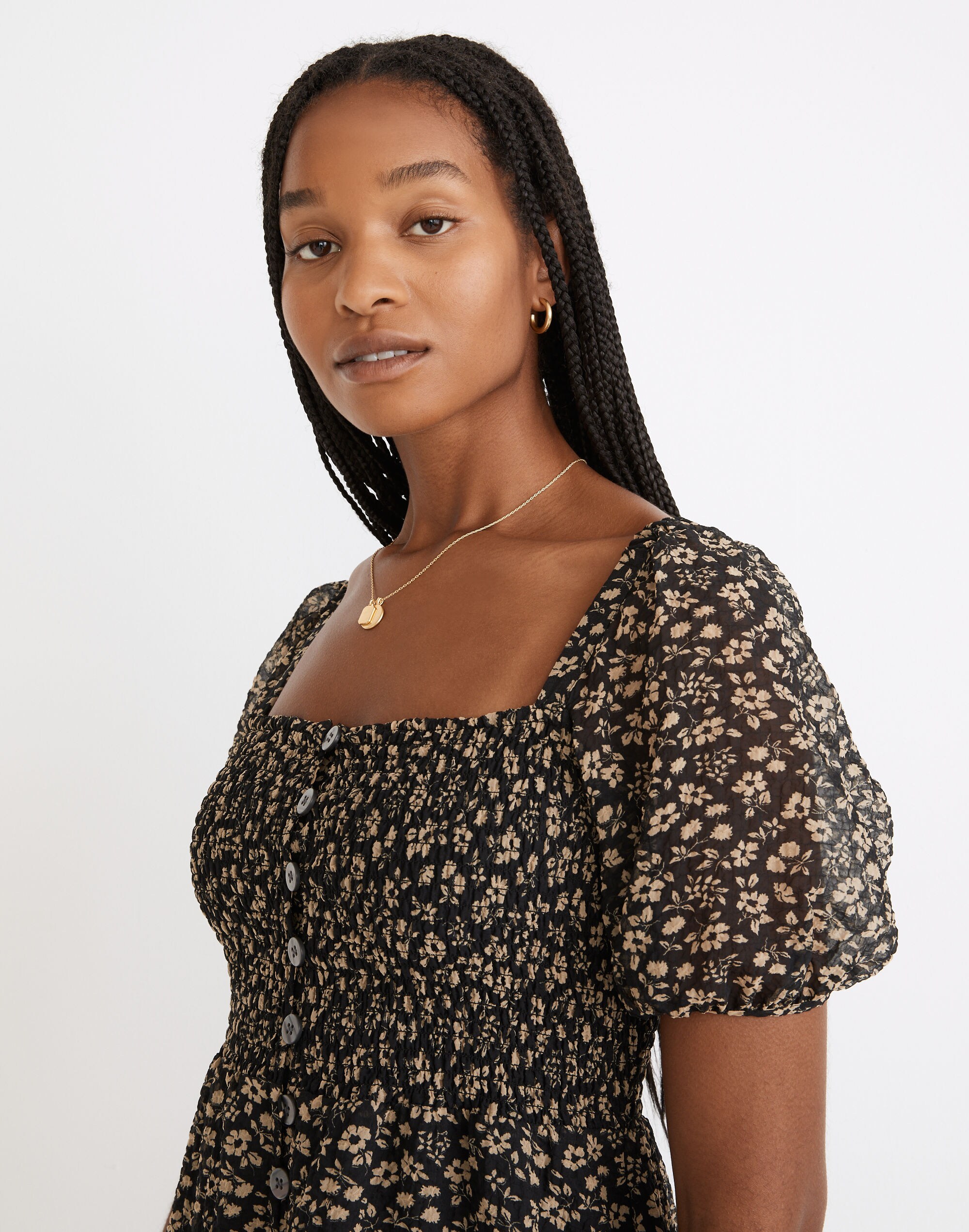 Seersucker Lucie Button-Front Smocked Midi Dress in Piccola Floral