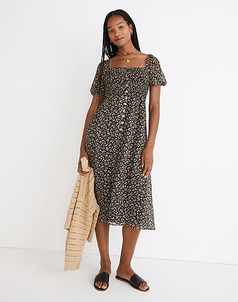 Seersucker Lucie Button-Front Smocked Midi Dress in Piccola Floral