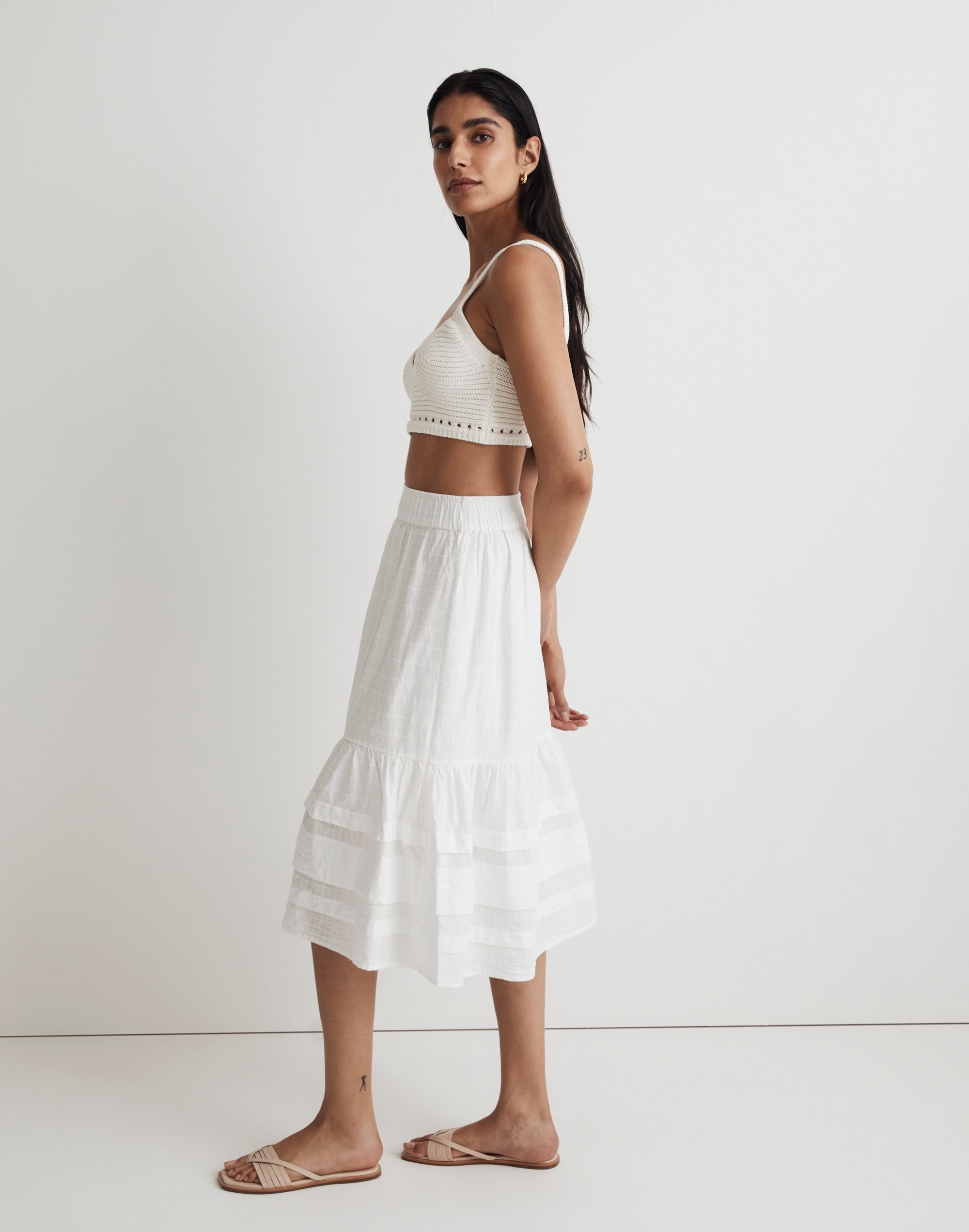 Pintuck Tiered Midi Skirt in Windowpane Pattern