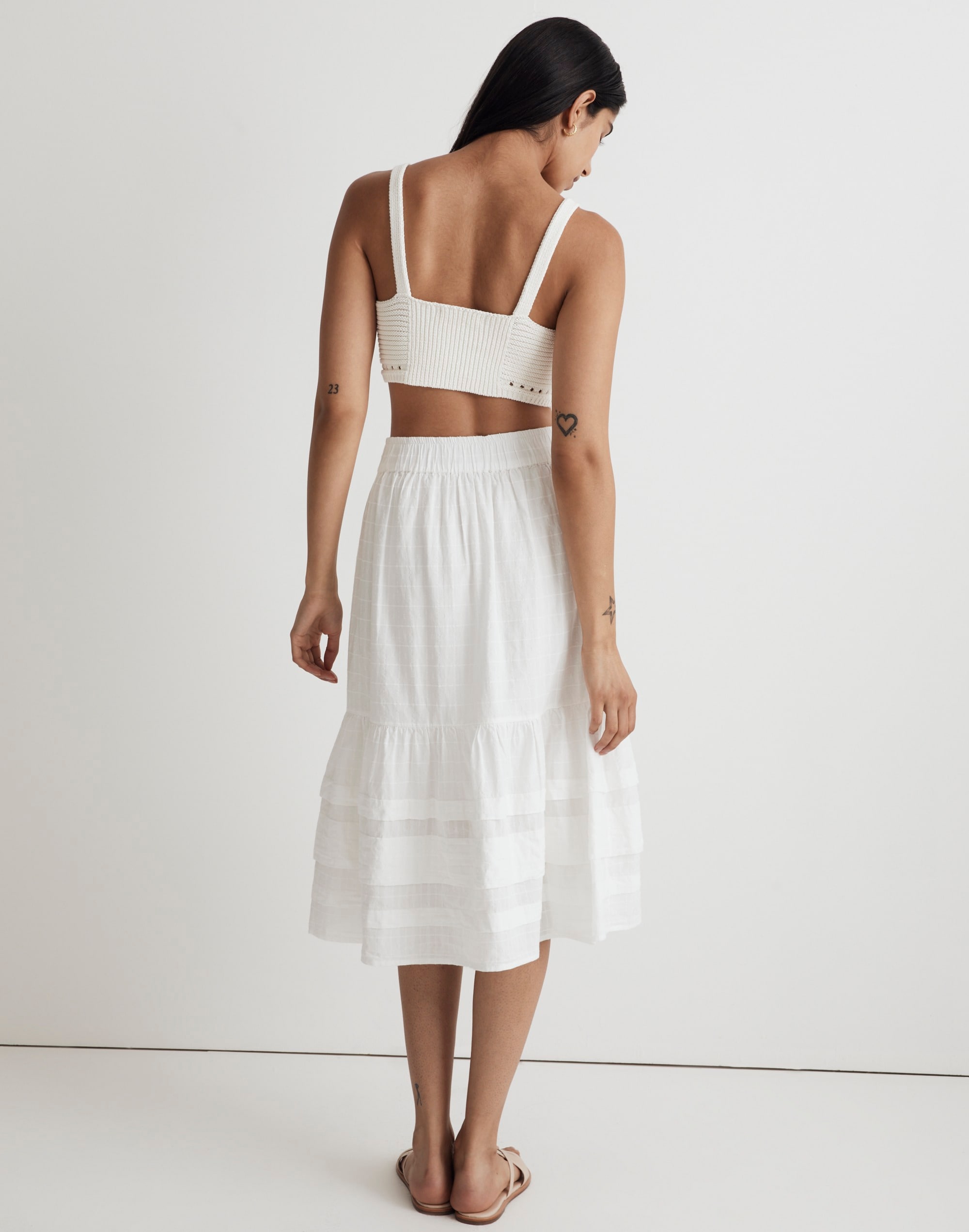 Pintuck Tiered Midi Skirt in Windowpane Pattern